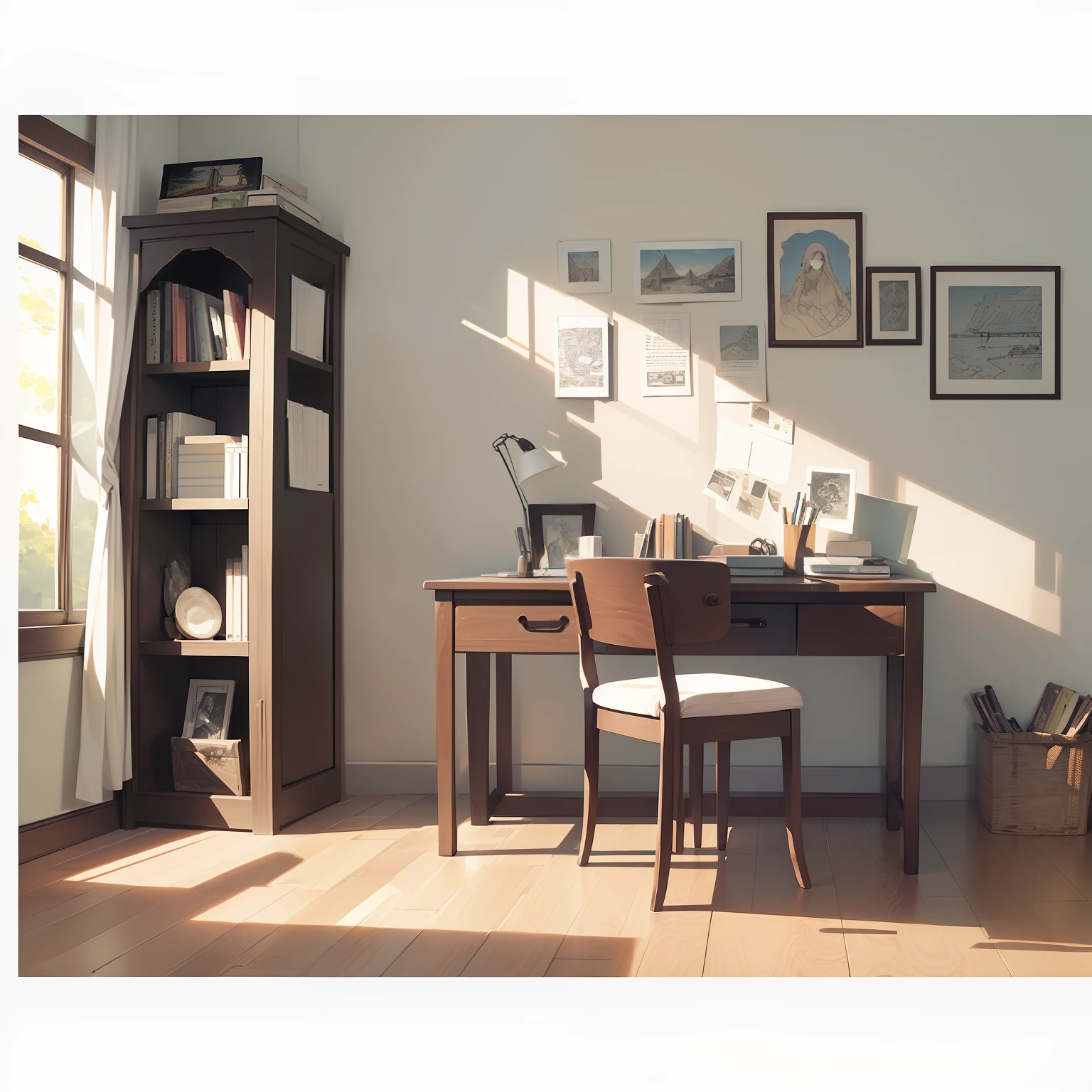 masterpiece、top-quality、High-quality images、8K、 ((unmanned、Background with、Accurate perspective、line-drawing、Contour extraction、monochromes、Moderate shading、Medium omission、Comic style、)):1.4 ((a room、study、a desk、bookshelf、Boken、unmanned))1.5