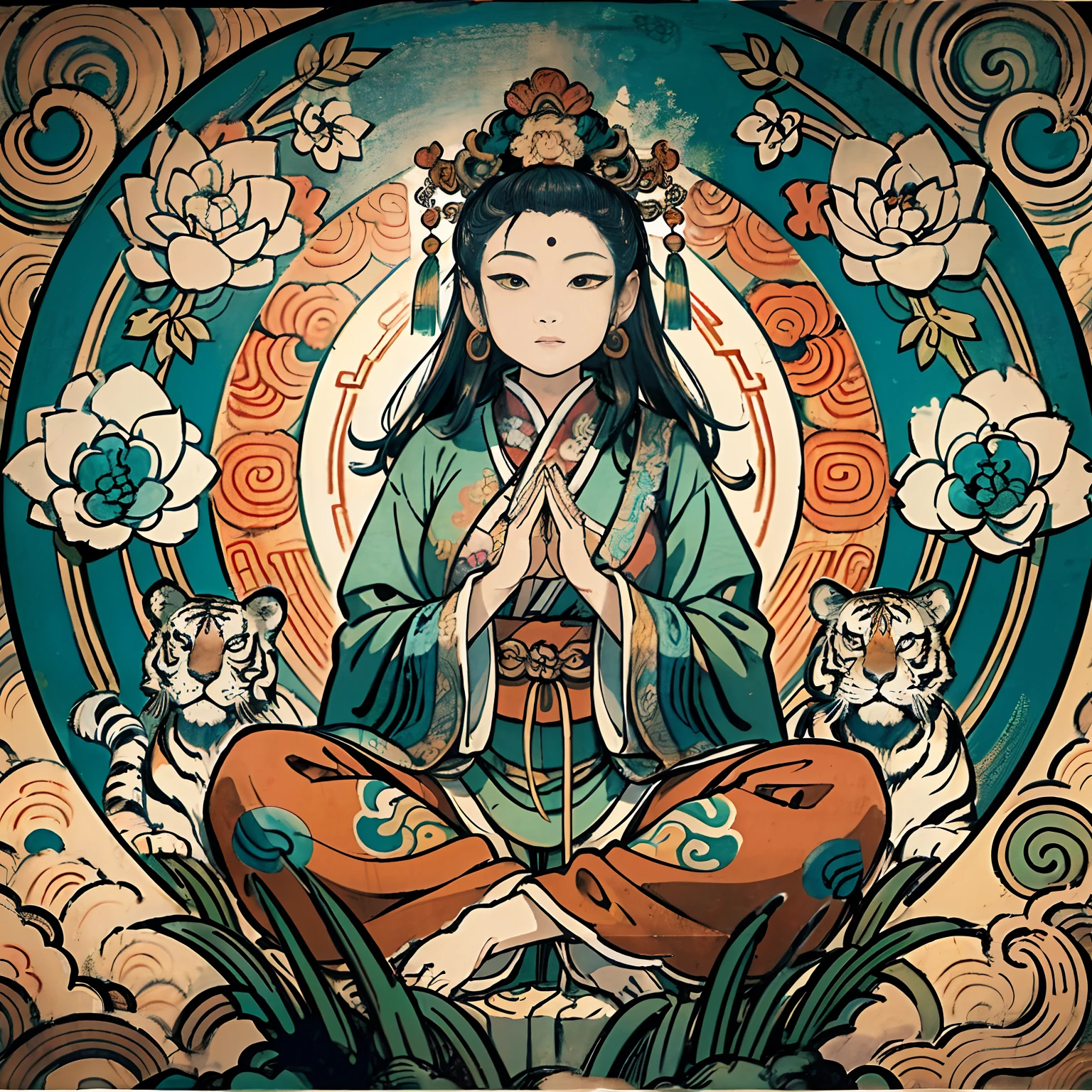 an ancient Chinese goddess, guanyin of the southern seas, Guanyin, Inspired by India, Avalokiteshvara rides a tiger,,Serene expression,shui mo hua,Buddha,Buddhist,Lotus,Chinese painting style,Thangka style