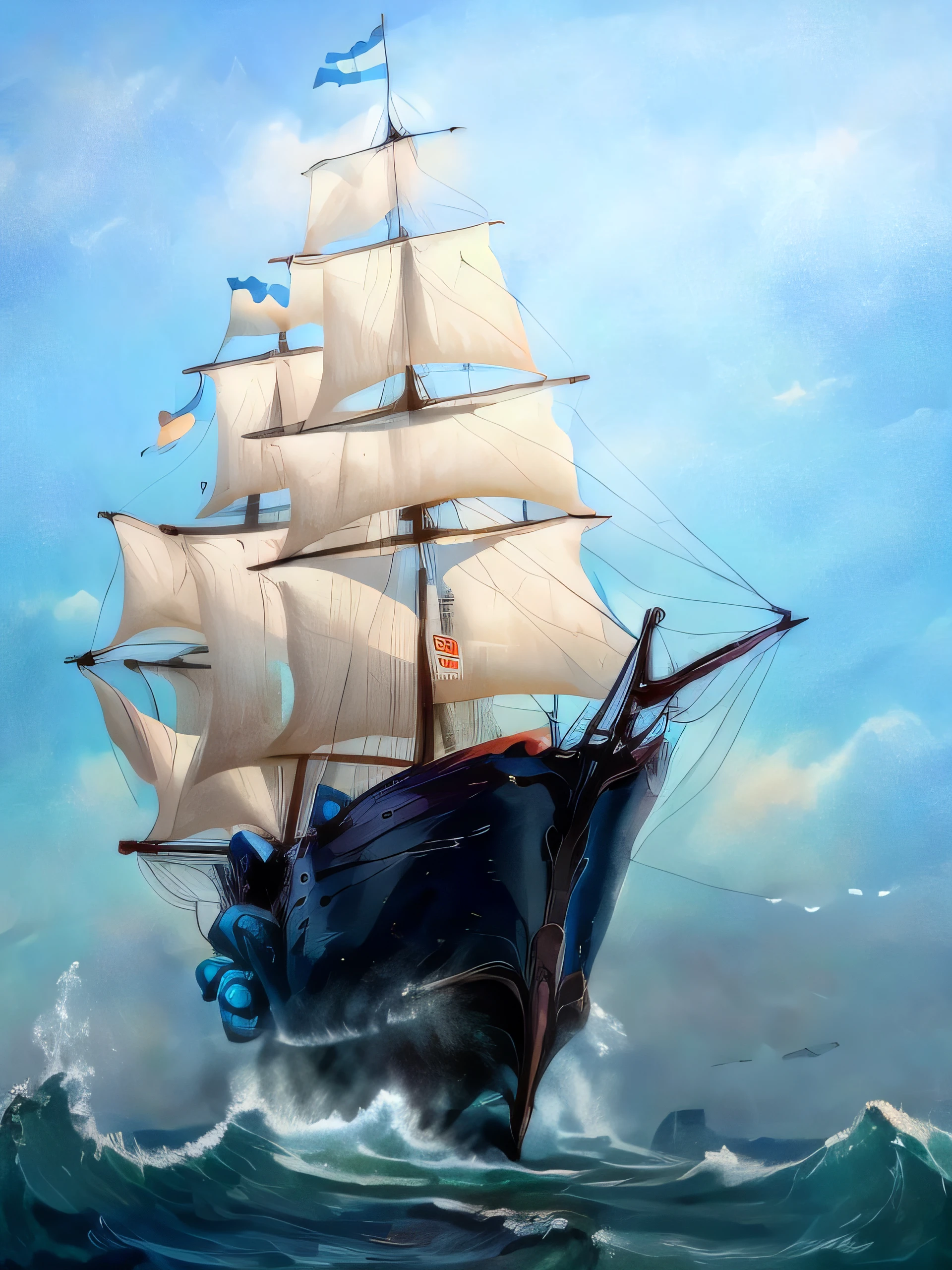 Painting of a large sailboat flying over the raging ocean and with huge waves with a flag waving, galleon, barcos con velas, sailing ship, barcos con velas debajo, inspired by Juan Giménez, Veleros, Sails and masts and rigging, Vela, by Eugenio de Arriba, por Francisco de Holanda, by Juan Giménez, inspired by Santiago Martínez Delgado