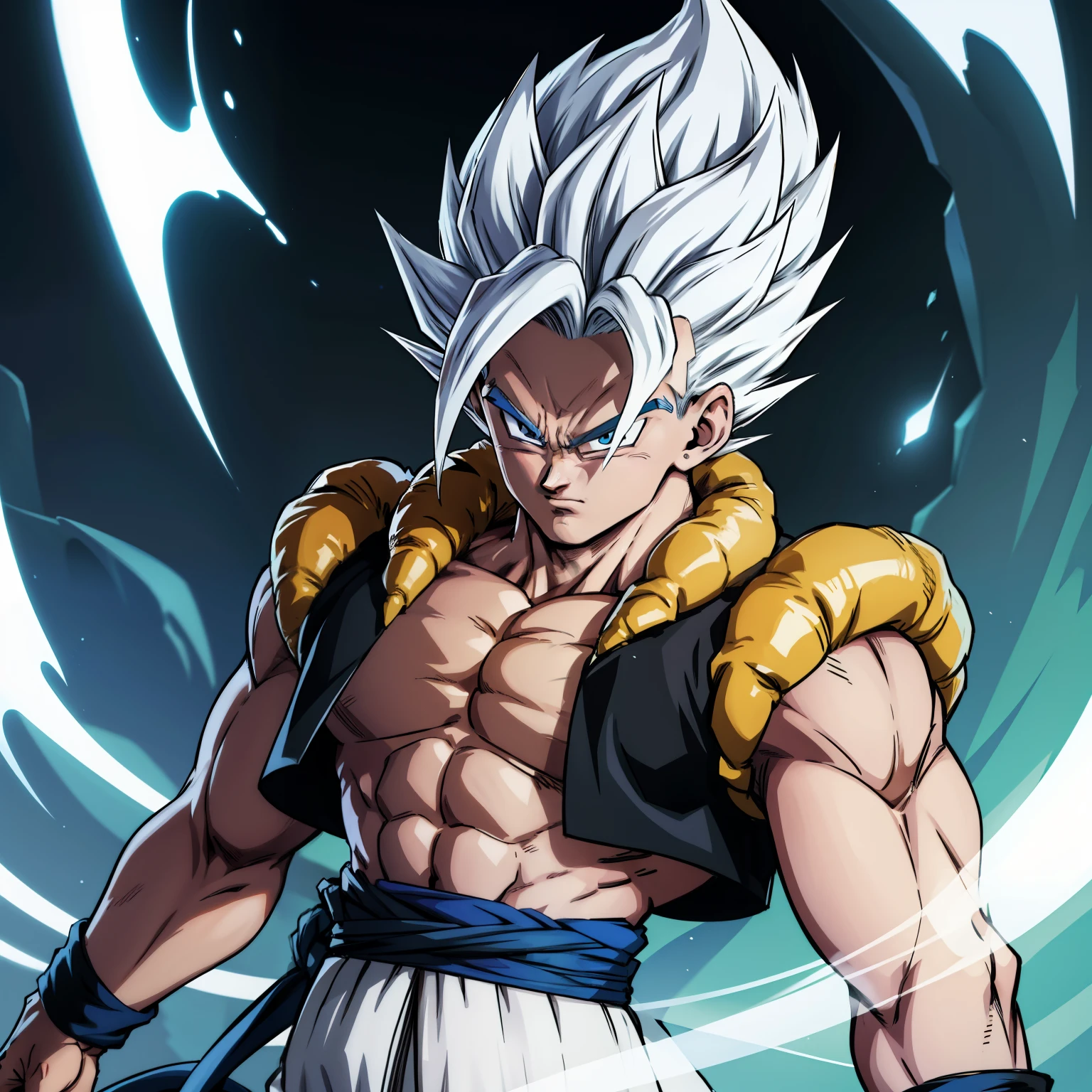 Gogeta with white dyed hair and white eyebrow with a totally serious face