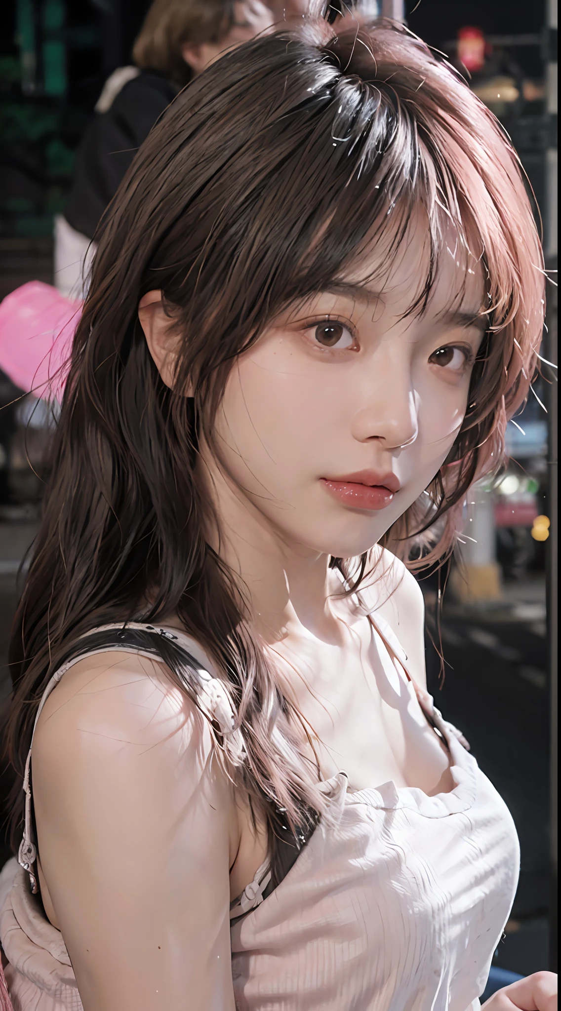 best qualtiy, 超高分辨率, (realisticlying:1.4),2 girls ,Focus:1.2, perfect figure beautiful woman:1.4 , pelo rojo corto,(Streets at night:1.3), Highly detailed facial and skin texture, head straight-looking at viewer,A detailed eye, 二重まぶた,Red lips,eye shadows,Whiten skin,(Air bangs:1.3),,(Pink thin strap top:1.4)