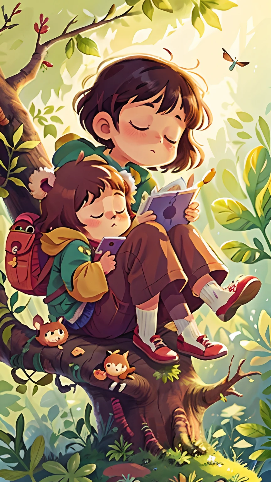 there is a bear that is sleeping on a tree branch, dreamy illustration, illustration”, cute illustration, illutstration, fabulous illustrations, illustration!, childrens book illustration, children's book illustration, children’s book illustration, illustrations, children book illustration, by Yuko Tatsushima, childrenbook illustration, kids book illustration, an illustration, blurry and dreamy illustration