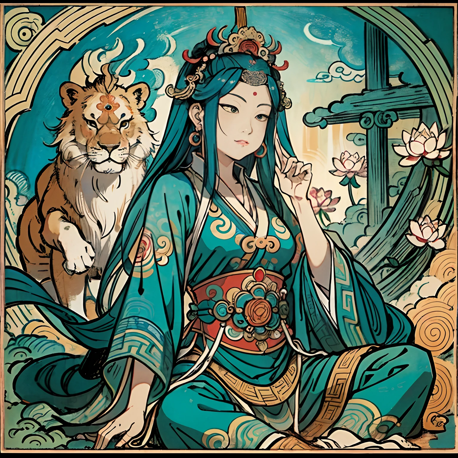 an ancient Chinese goddess, guanyin of the southern seas, Guanyin, Inspired by India, Avalokiteshvara rides a lion,,Serene expression,shui mo hua,Buddha,Buddhist,Lotus,Chinese painting style,Thangka style
