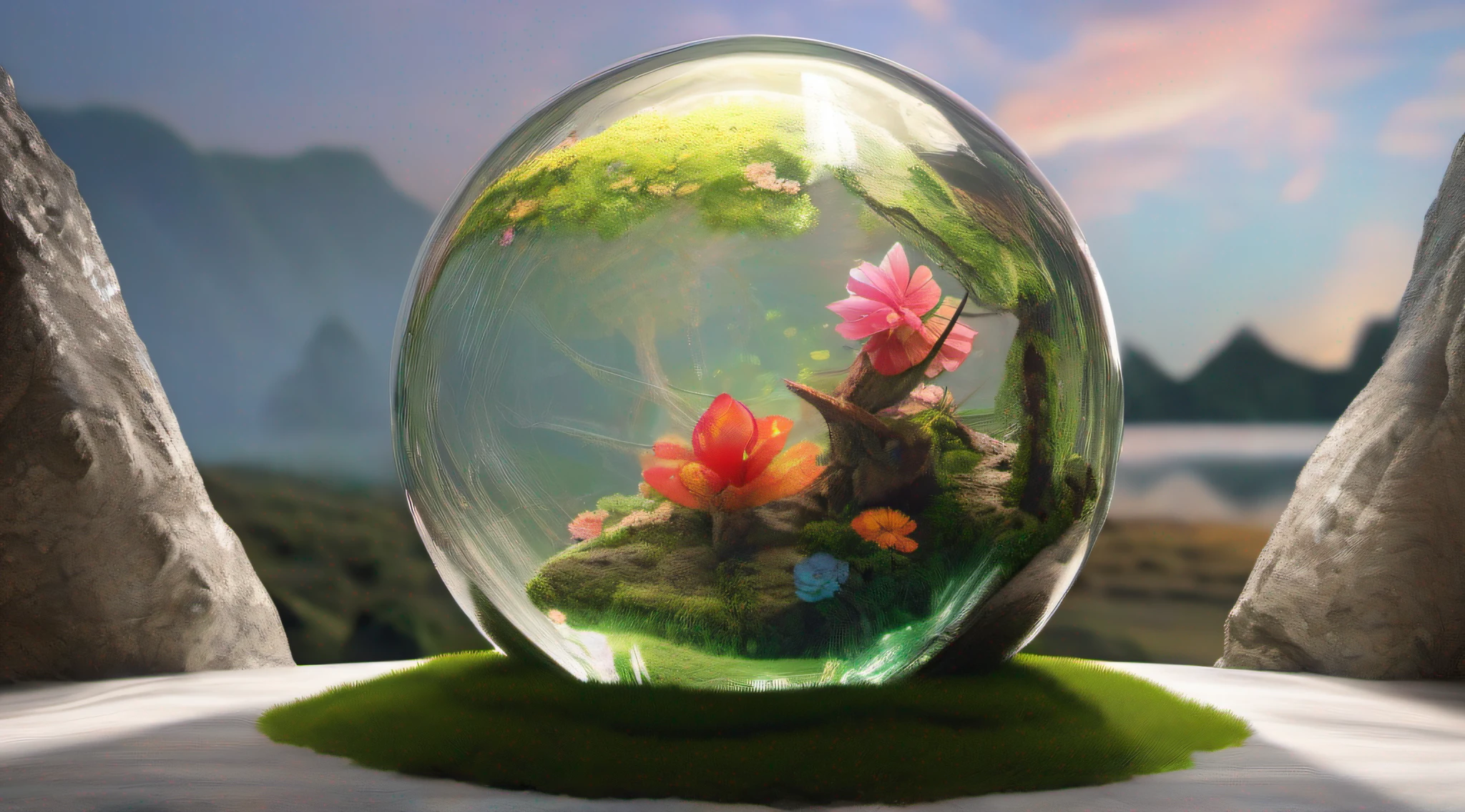 Glass sphere containing inside an alien biome of exotic flowers, The sphere is perched on moss lawn inside a cave with walls studded with gleaming minerals, detalhes intrincados, arte fantasia, arte de Clemilton Barbosa, arte premiada, 8k