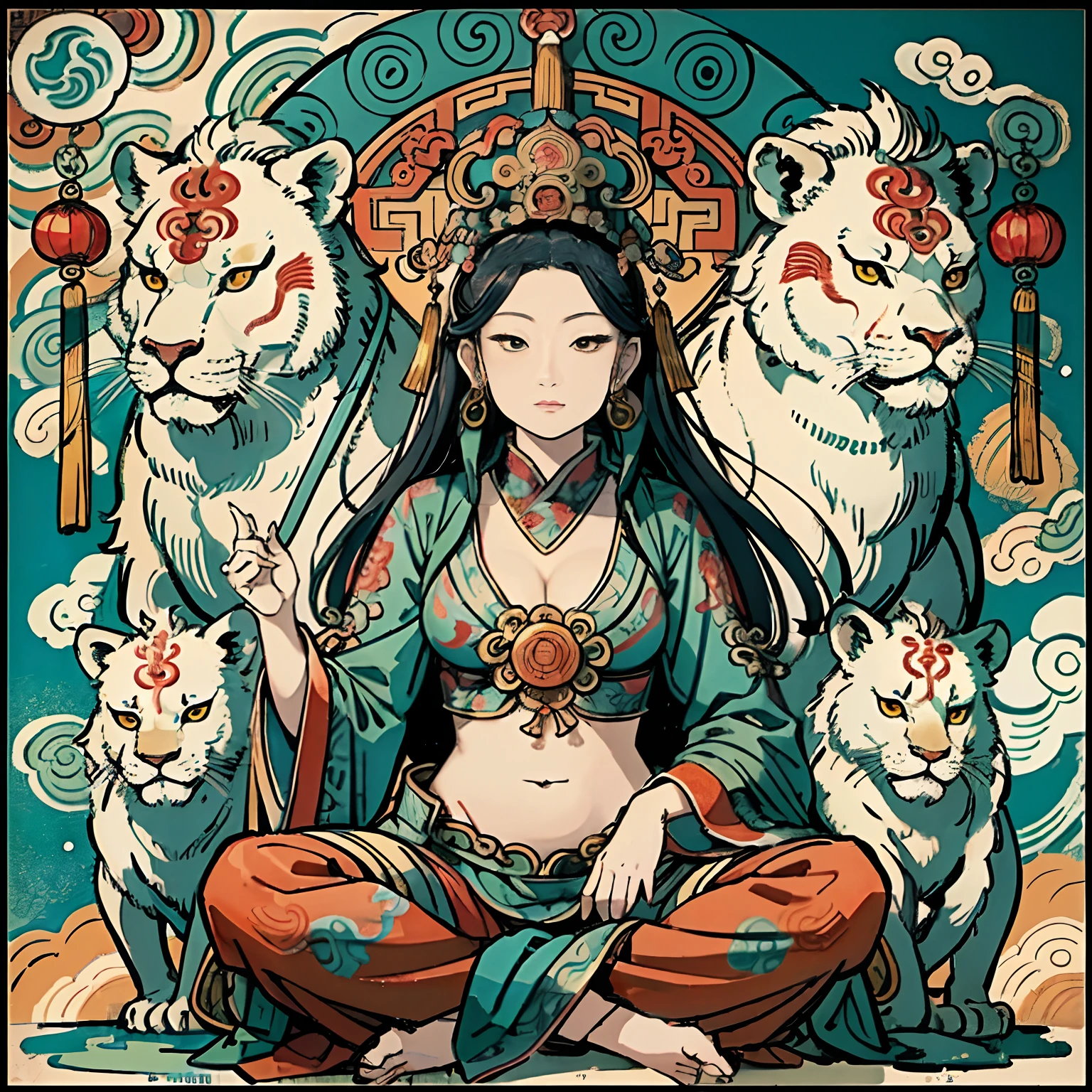 an ancient Chinese goddess, guanyin of the southern seas, Guanyin, Inspired by India, Avalokiteshvara rides a lion，,Serene expression,shui mo hua,Buddha,Buddhist,Lotus,Chinese painting style,Thangka style