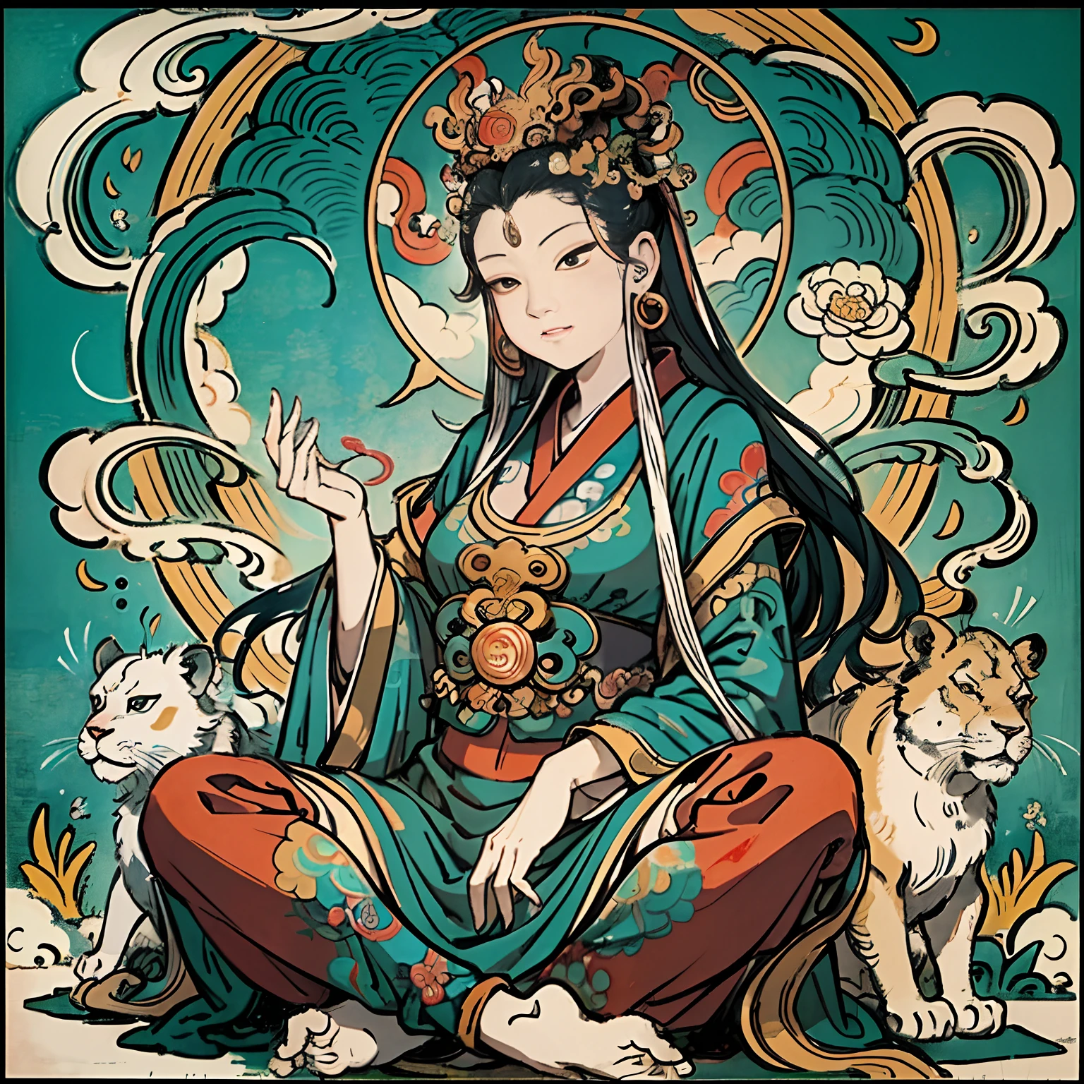 an ancient Chinese goddess, guanyin of the southern seas, Guanyin, Inspired by India, Avalokiteshvara rides a lion,,Serene expression,shui mo hua,Buddha,Buddhist,Lotus,Chinese painting style,Thangka style