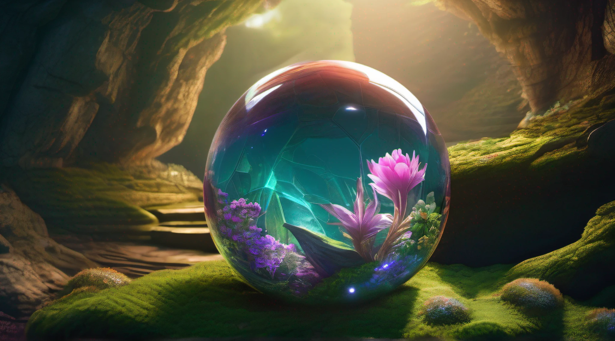 Glass sphere containing inside an alien biome of exotic flowers, The sphere is perched on moss lawn inside a cave with walls studded with gleaming minerals, detalhes intrincados, arte fantasia, arte de Clemilton Barbosa, arte premiada, 8k