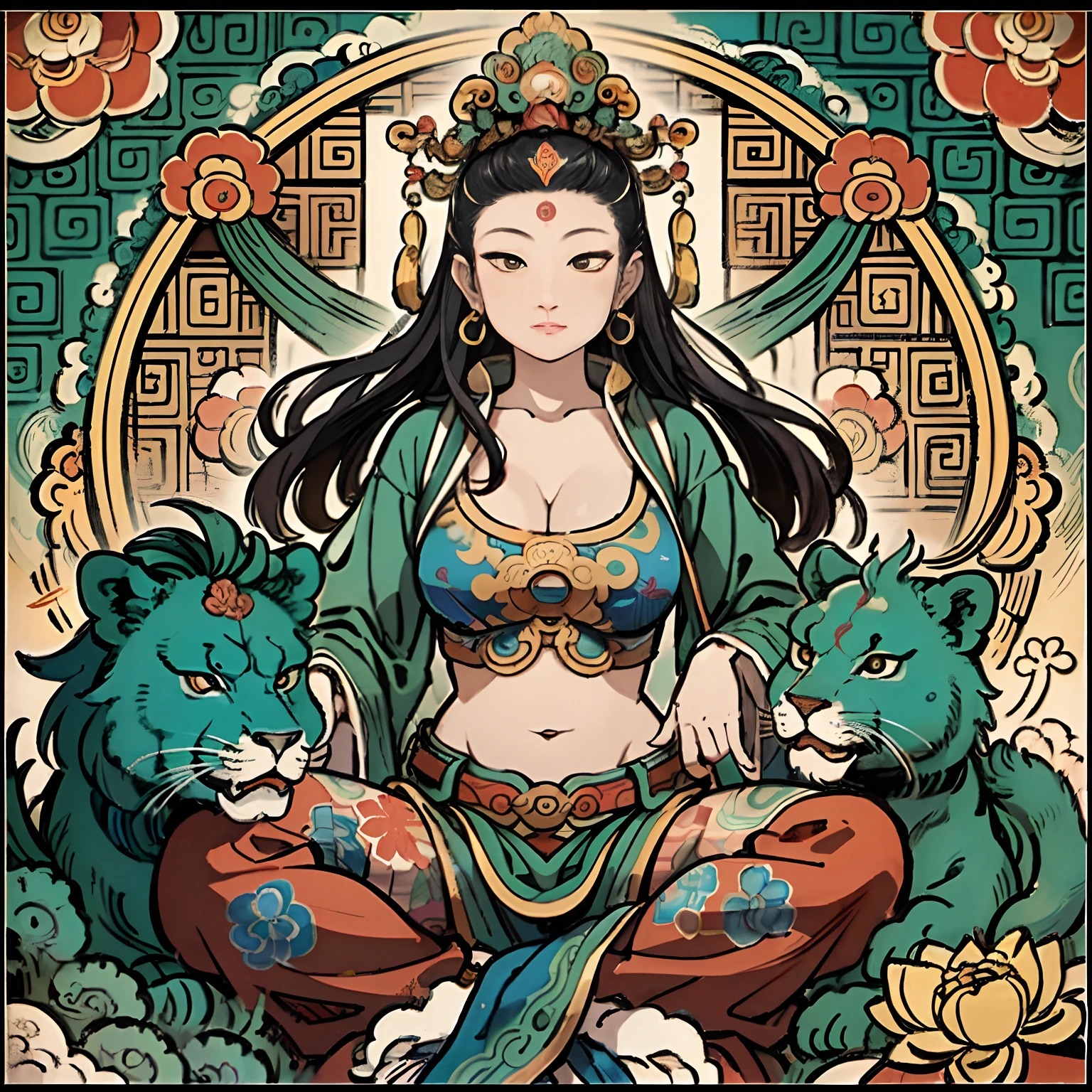 an ancient Chinese goddess, guanyin of the southern seas, Guanyin, Inspired by India, Avalokiteshvara rides a lion,,Serene expression,shui mo hua,Buddha,Buddhist,Lotus,Chinese painting style,Thangka style