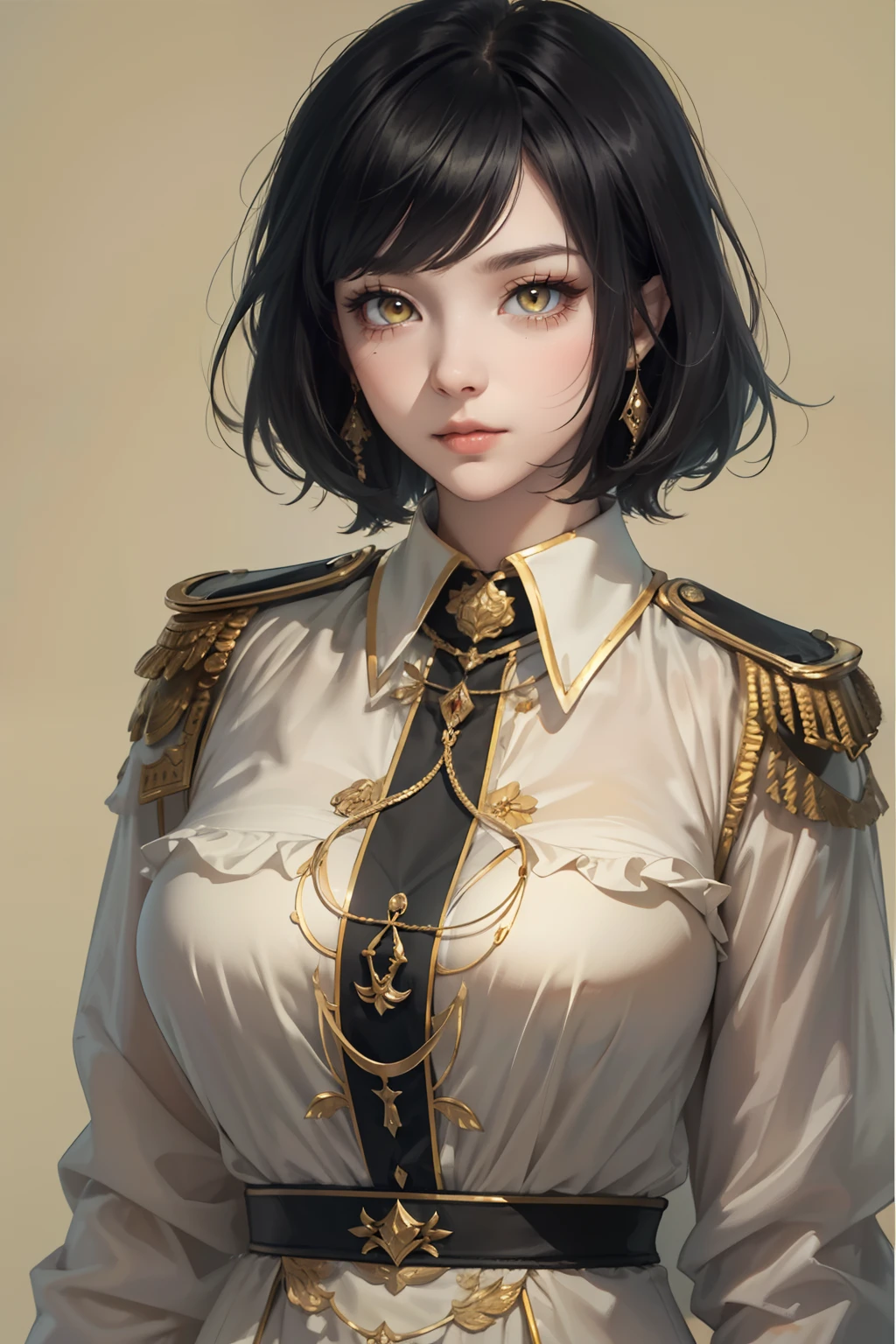 Modest outfit, Remote Shot:, Detailed beautiful delicate face, Detailed beautiful delicate eyes, a perfect face proportion, High-definition skin, fine skin, Best Four Inches Ratio. With one thumb, masterpiece, A highly detailed, realistic, (Black Imperial Uniform: 1,8), with the highest face resolution, Adult, modestly dressed woman, Fully dressed, (short black hair, Bob cut, Yellow eyes), Villain, general, A deep intelligent personality, A cunning expression, A respectful person