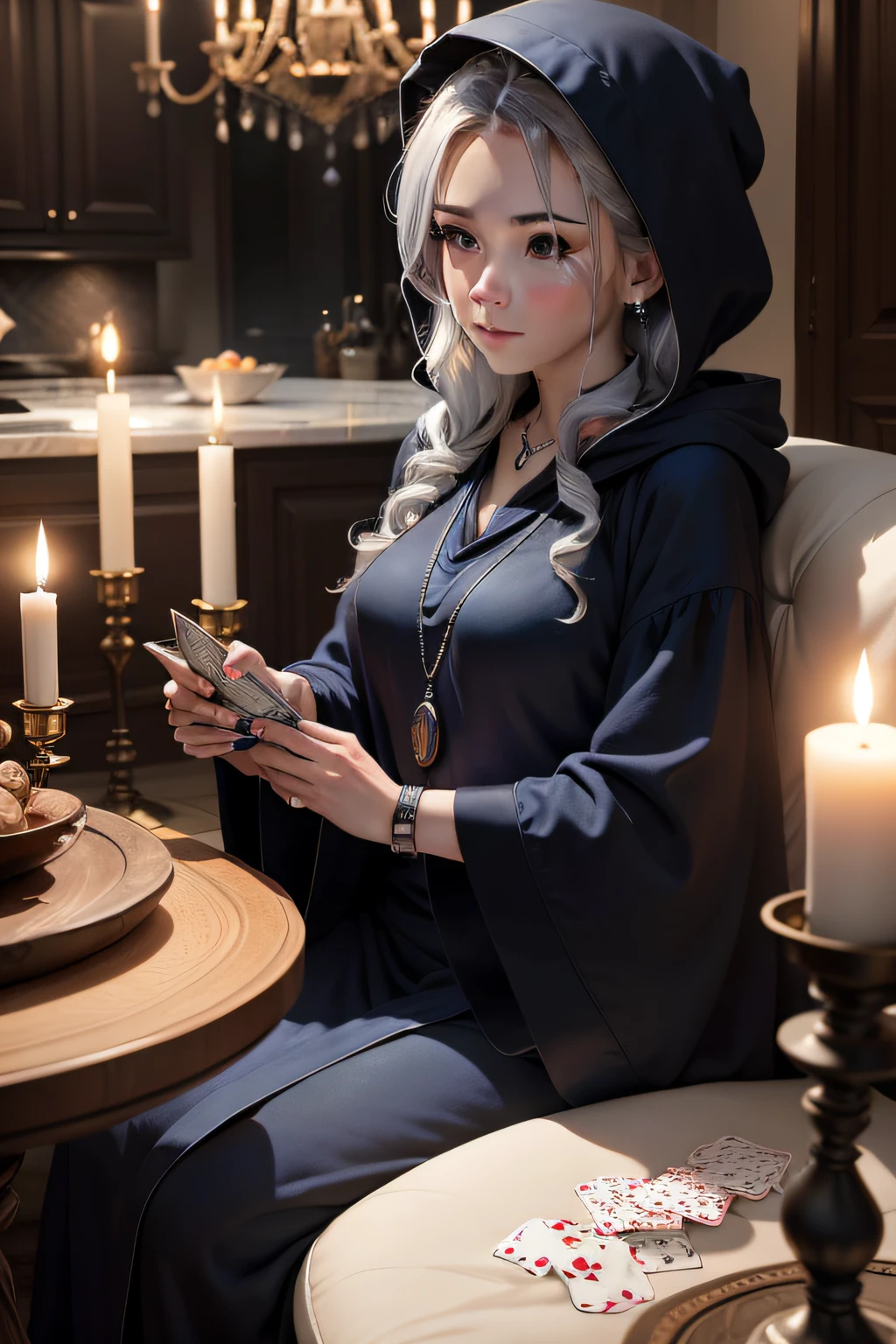 Masterpiece, Best Quality, 8k, High Detail, Ultra Detail, Night, an old woman Sitting in the middle of a bench in the living room, dining room and kitchen with semi-open layout, blue candlelight, 1lady, (black robe with hood), blue eye shadow and blush, (silver chain, white crystal pendant on wrist), unlit chandelier, leather sofa, with one main piece and two sides, (marble coffee table), (playing cards deck), (blue candle fire), semi-open layout of living room, dining room, kitchen, The candlelight casts creepy colors