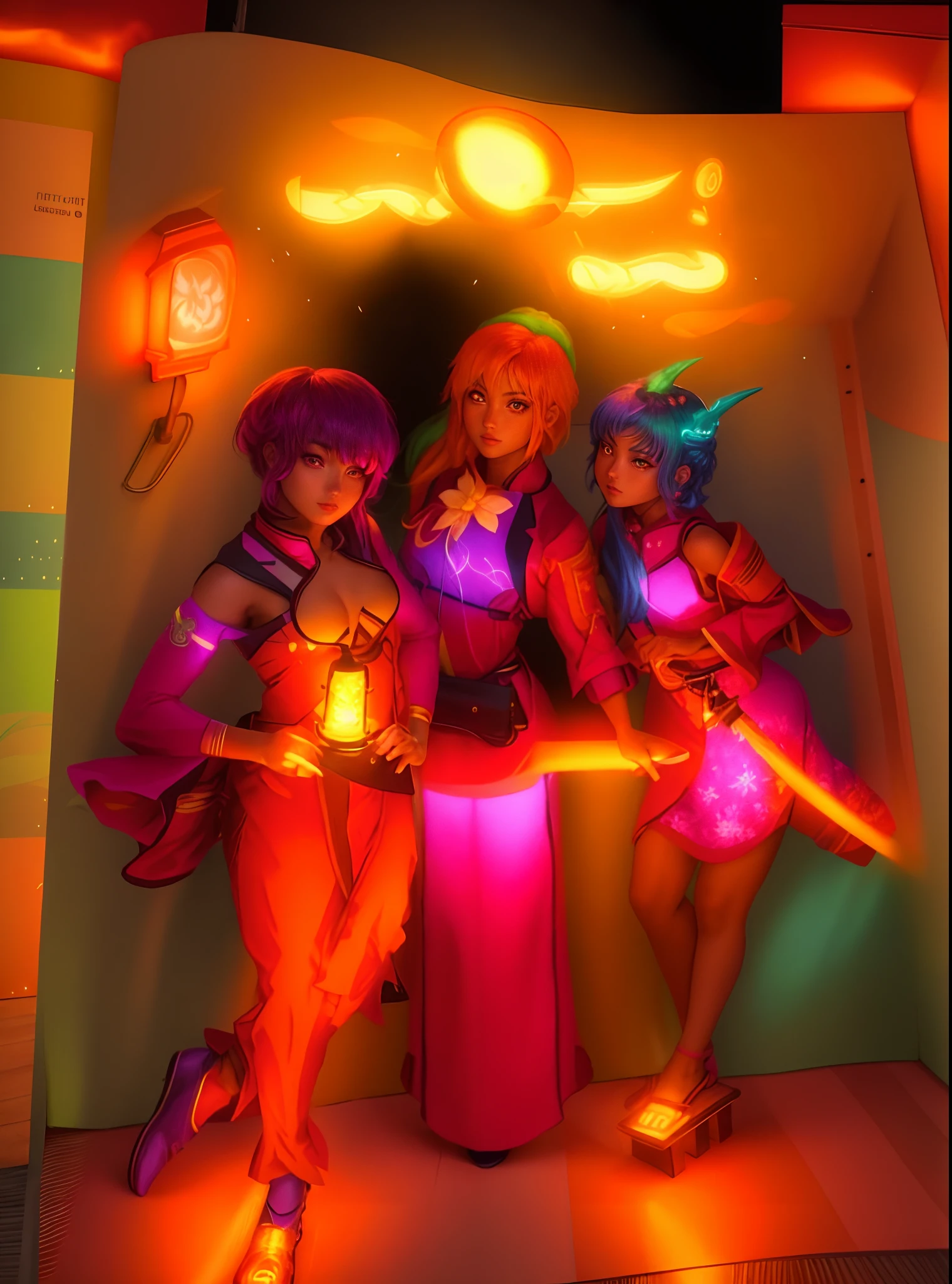 "There are 3 female characters, Manga style with vibrant colors, set in a nighttime scenery illuminated by a flickering fire lamp. They are wearing colorful clothes, with cinematic lighting highlighting their realistic skin tones. The artwork is in 4k resolution."