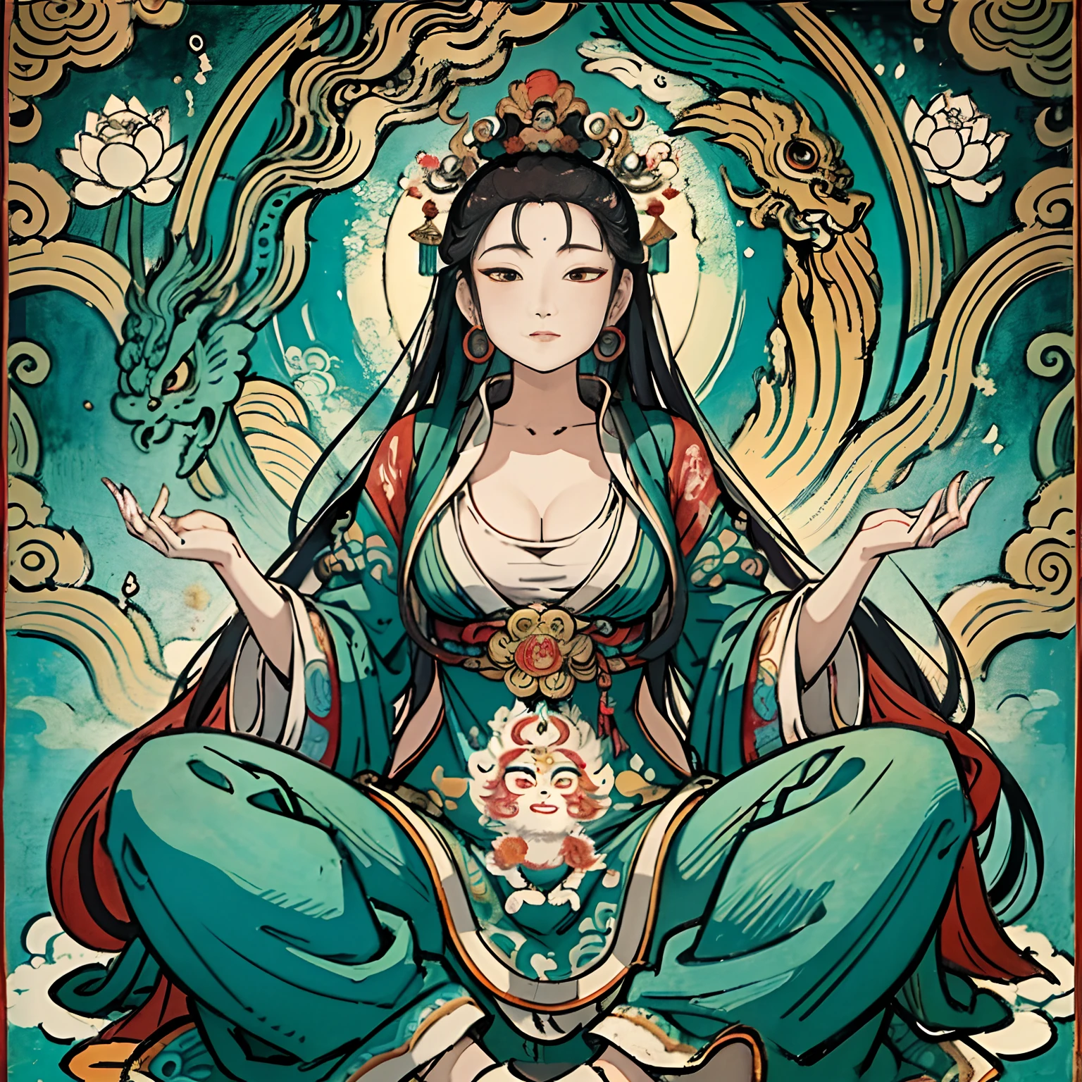 an ancient Chinese goddess, guanyin of the southern seas, Guanyin, Inspired by India, Avalokiteshvara rides a phoenix,,Serene expression,shui mo hua,Buddha,Buddhist,Lotus,Chinese painting style,Thangka style