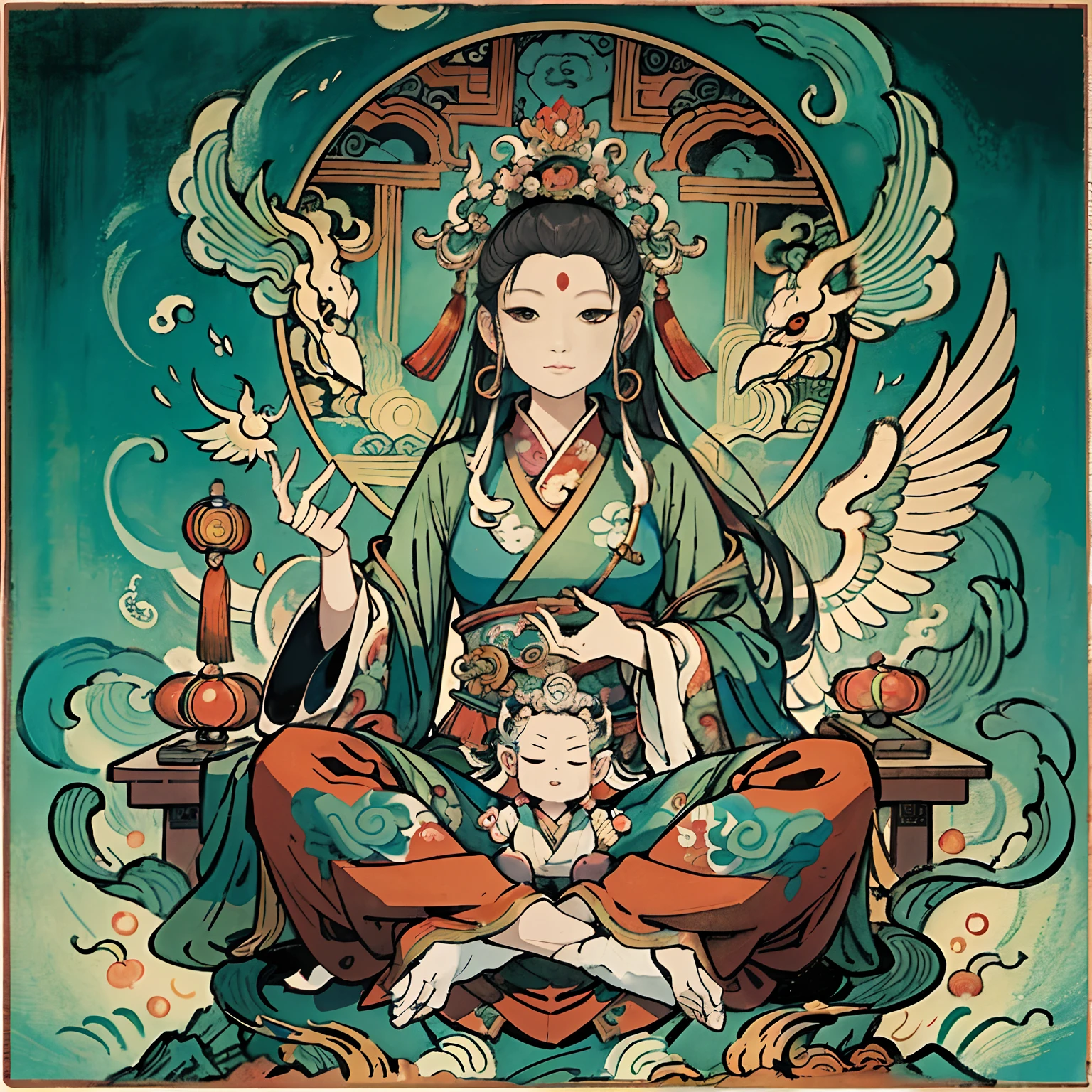 an ancient Chinese goddess, guanyin of the southern seas, Guanyin, Inspired by India, Avalokiteshvara rides a phoenix，,Serene expression,shui mo hua,Buddha,Buddhist,Lotus,Chinese painting style,Thangka style