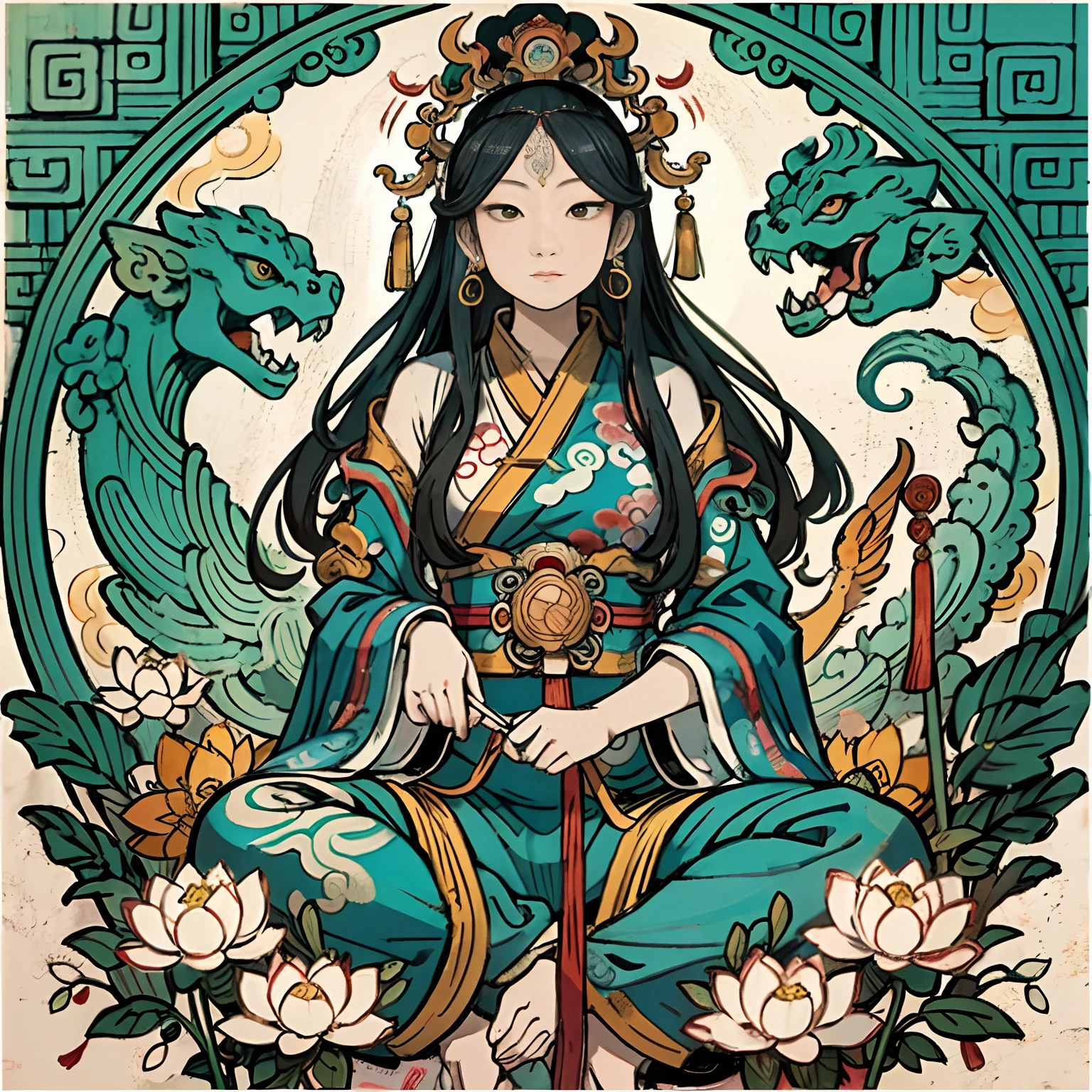 an ancient Chinese goddess, guanyin of the southern seas, Guanyin, Inspired by India, Avalokiteshvara rides a phoenix，,Serene expression,shui mo hua,Buddha,Buddhist,Lotus,Chinese painting style,Thangka style