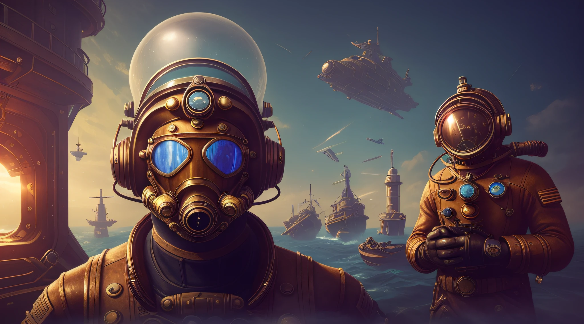 There is a man in a spacesuit with a helmet, Deep-sea diver, diving suit, old scuba, inspired by Brian Despain, Brian Despain, Steampunk diving helmet, alexey egorov, Sergey Kolesov, lofi steampunk bioshock portrait, lofi bioshock steampunk portrait, wojtek fus