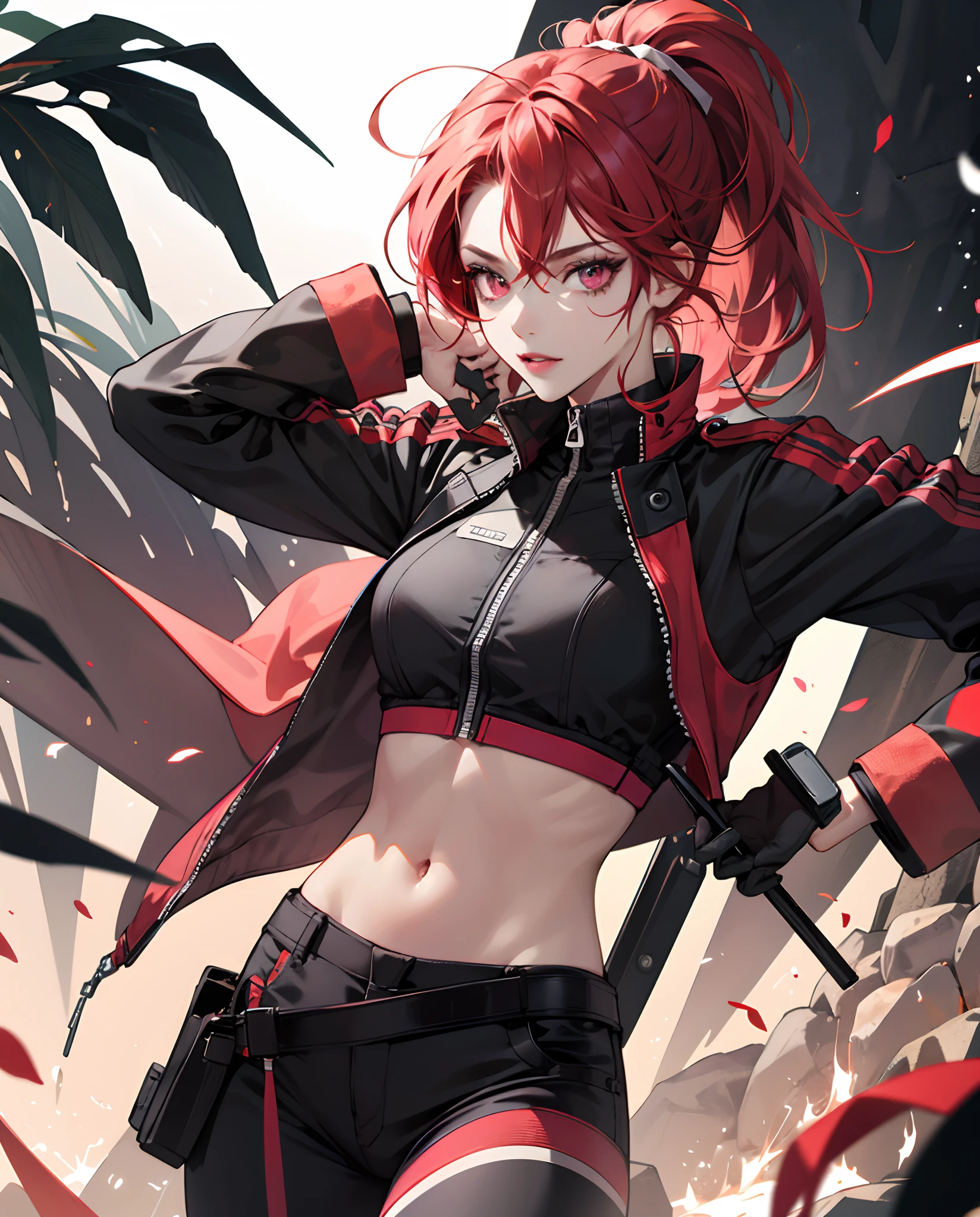 Girl with red hair in a ponytail and red left eye and pink right eye