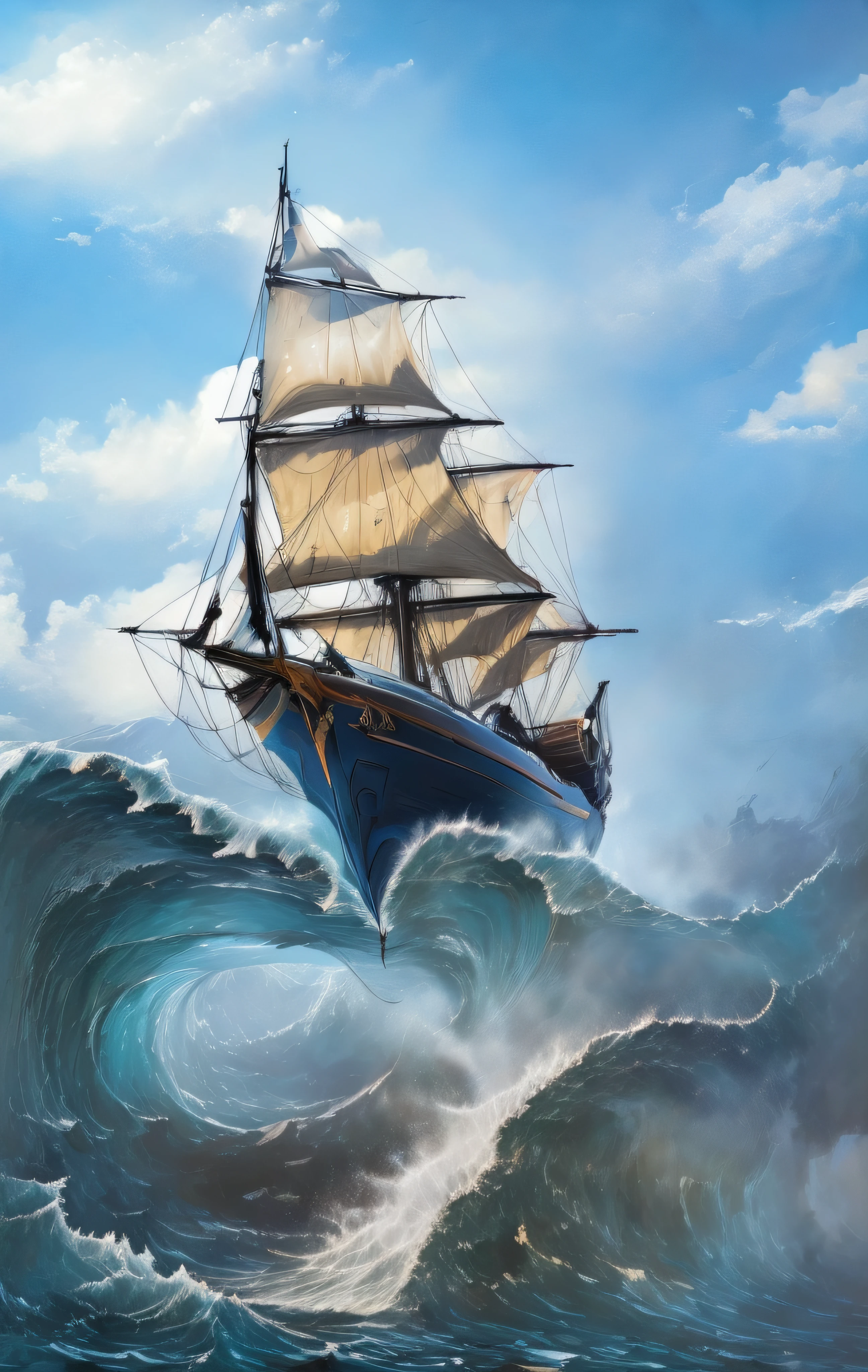 Painting of a large sailboat flying through the clouds over the raging ocean and with huge waves with a waving flag inspired by Turner