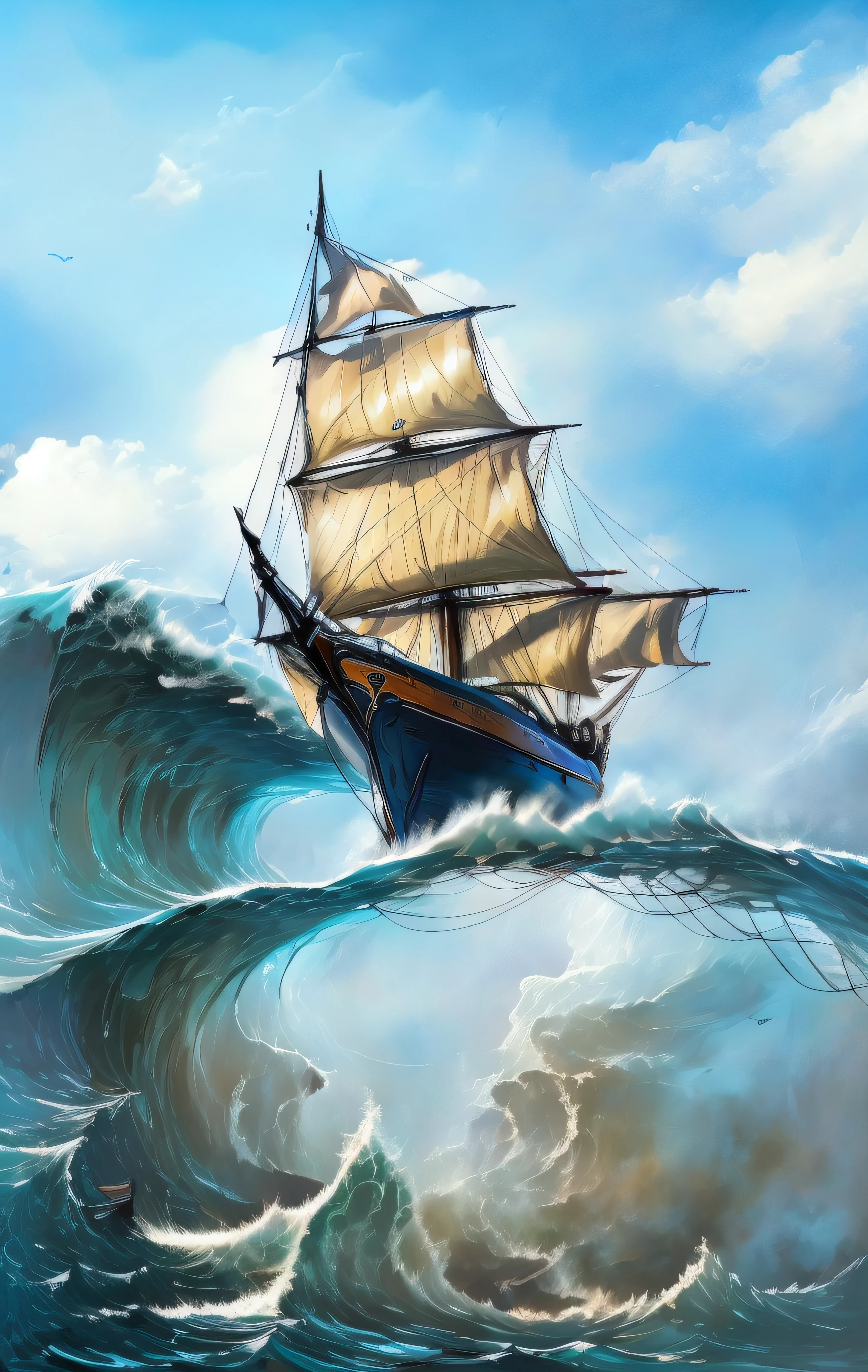 Painting of a large sailboat flying through the clouds over the raging ocean and with huge waves with a waving flag inspired by Turner