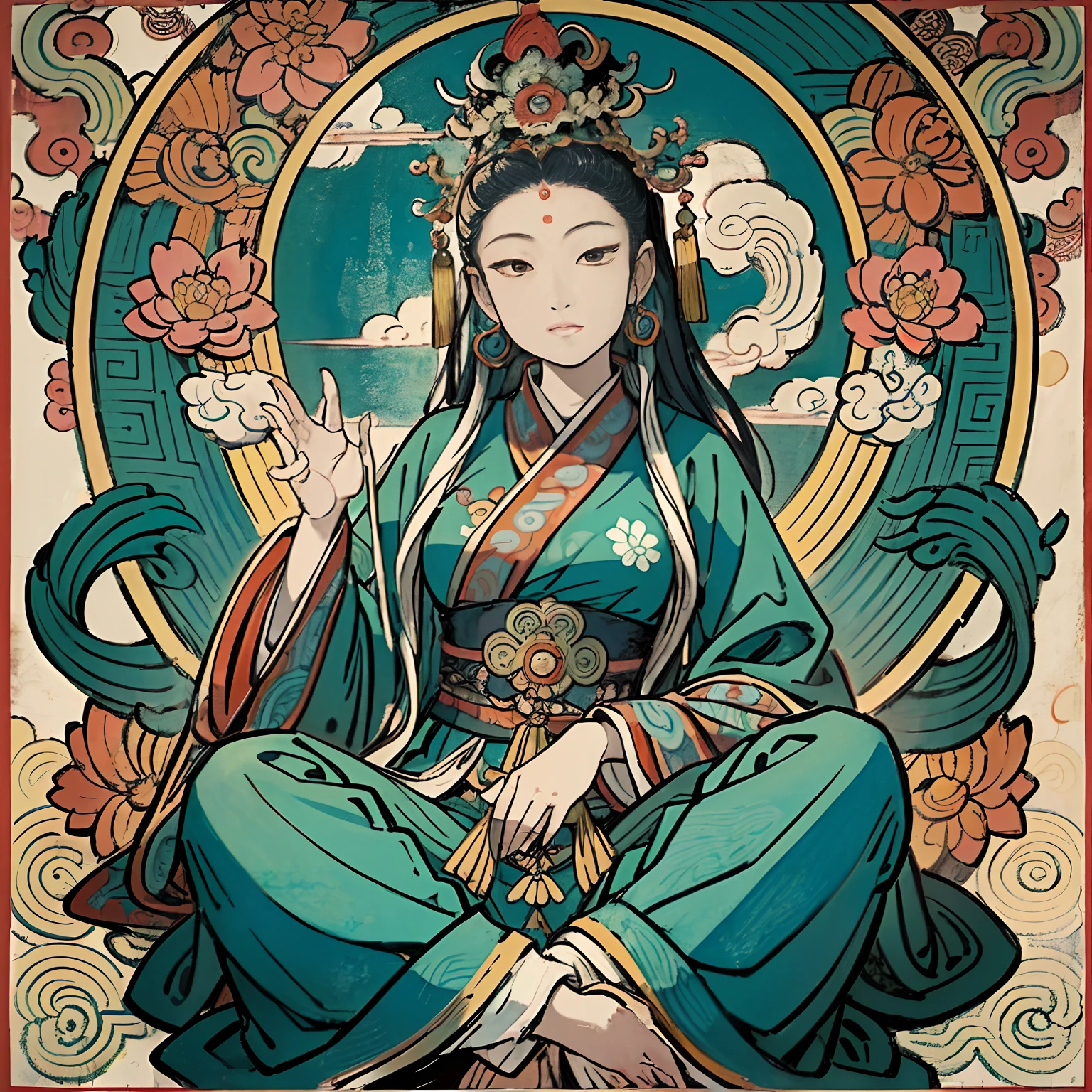 an ancient Chinese goddess, guanyin of the southern seas, Guanyin, Inspired by India, Avalokiteshvara，,Serene expression,shui mo hua,Buddha,Buddhist,Lotus,Chinese painting style,Thangka style