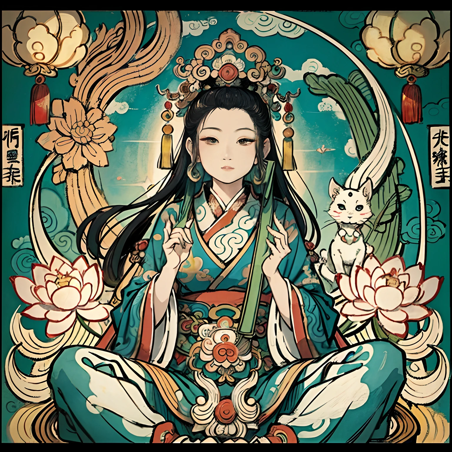 an ancient Chinese goddess, guanyin of the southern seas, Guanyin, Inspired by India, Avalokiteshvara,,Serene expression,shui mo hua,Buddha,Buddhist,Lotus,Chinese painting style,Thangka style