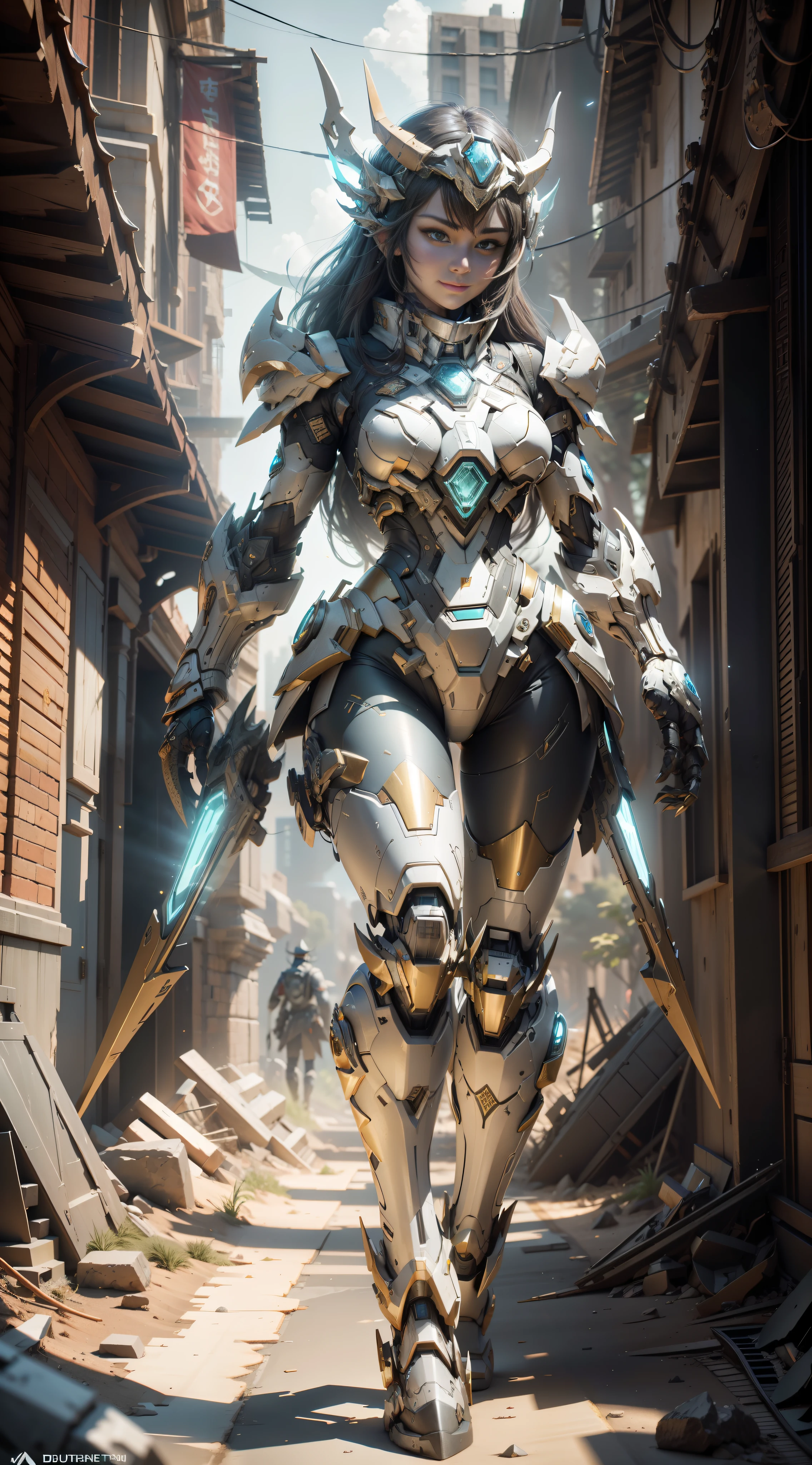((Best Quality)), ((Masterpiece)), (Very detailed: 1.3), 3D, Shitu-mecha, Full body, 1 beautiful woman, smiling, long hair, wearing a blue mech with dragon horns on the head, (mecha decorated with dragon scales) (hands and feet wearing claws), ruins of a city in the forgotten war, ancient technology, HDR (High Dynamic Range), ray tracing, NVIDIA RTX, super resolution, Unreal 5, subsurface scattering, PBR texture, post-processing, Anisotropic Filtering, Depth of Field, Maximum Sharpness and Acutance, Multi-layer Textures, Albedo and Highlight Maps, Surface Shading, Accurate Simulation of Light-Material Interactions, Perfect Proportions, Octane Rendering, Duotone Illumination, Low ISO, White Balance, Rule of Thirds, Wide Aperture, 8K RAW, High Efficiency Subpixels, Subpixel Convolution, Luminescent Particles, Light Scattering, Tyndall Effect