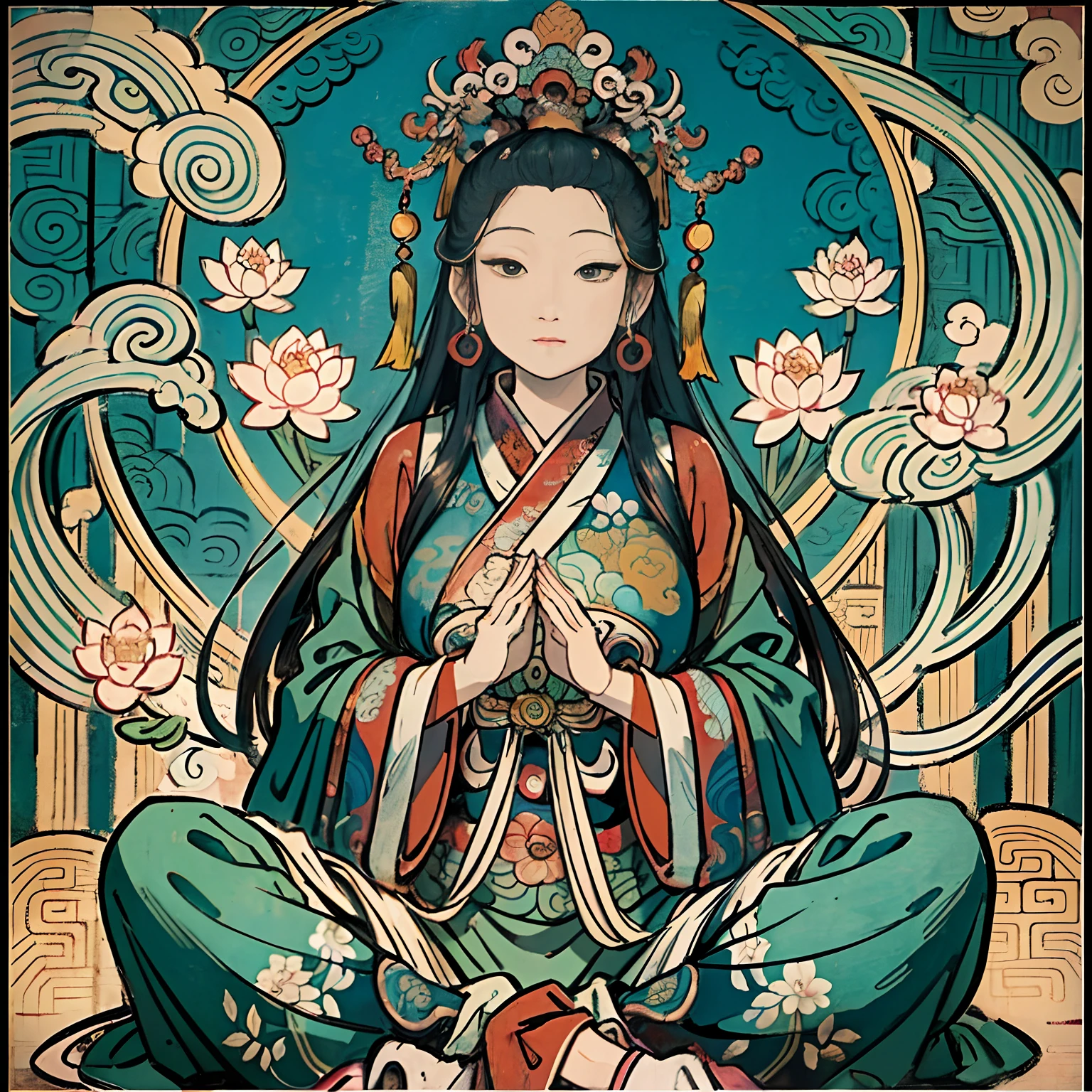 an ancient Chinese goddess, guanyin of the southern seas, Guanyin, Inspired by India, Avalokiteshvara,,Serene expression,shui mo hua,Buddha,Buddhist,Lotus,Chinese painting style,Thangka style