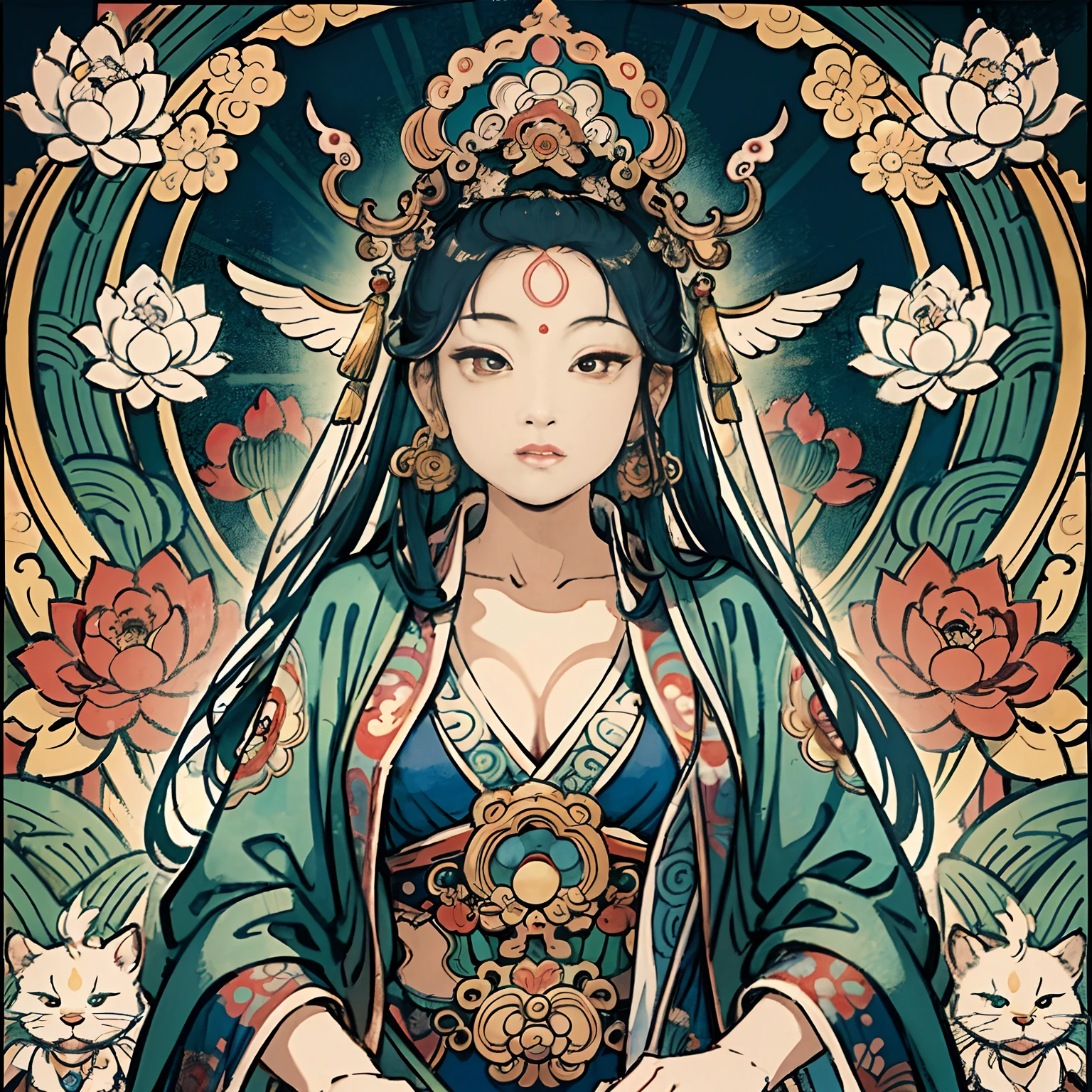 an ancient Chinese goddess, guanyin of the southern seas, Guanyin, Inspired by India, Avalokiteshvara,,Serene expression,shui mo hua,Buddha,Buddhist,Lotus,Chinese painting style,Thangka style