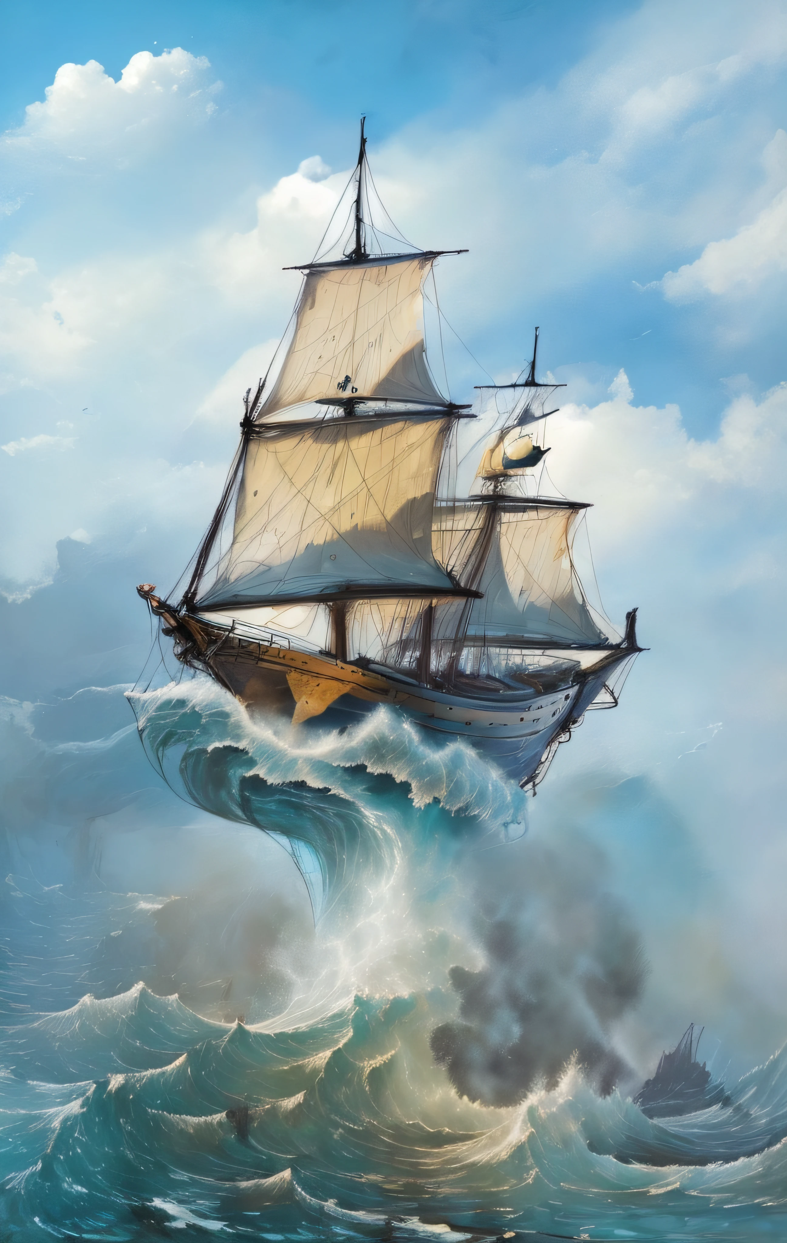 Painting of a large sailboat flying through the clouds over the raging ocean and with huge waves with a waving flag inspired by Turner