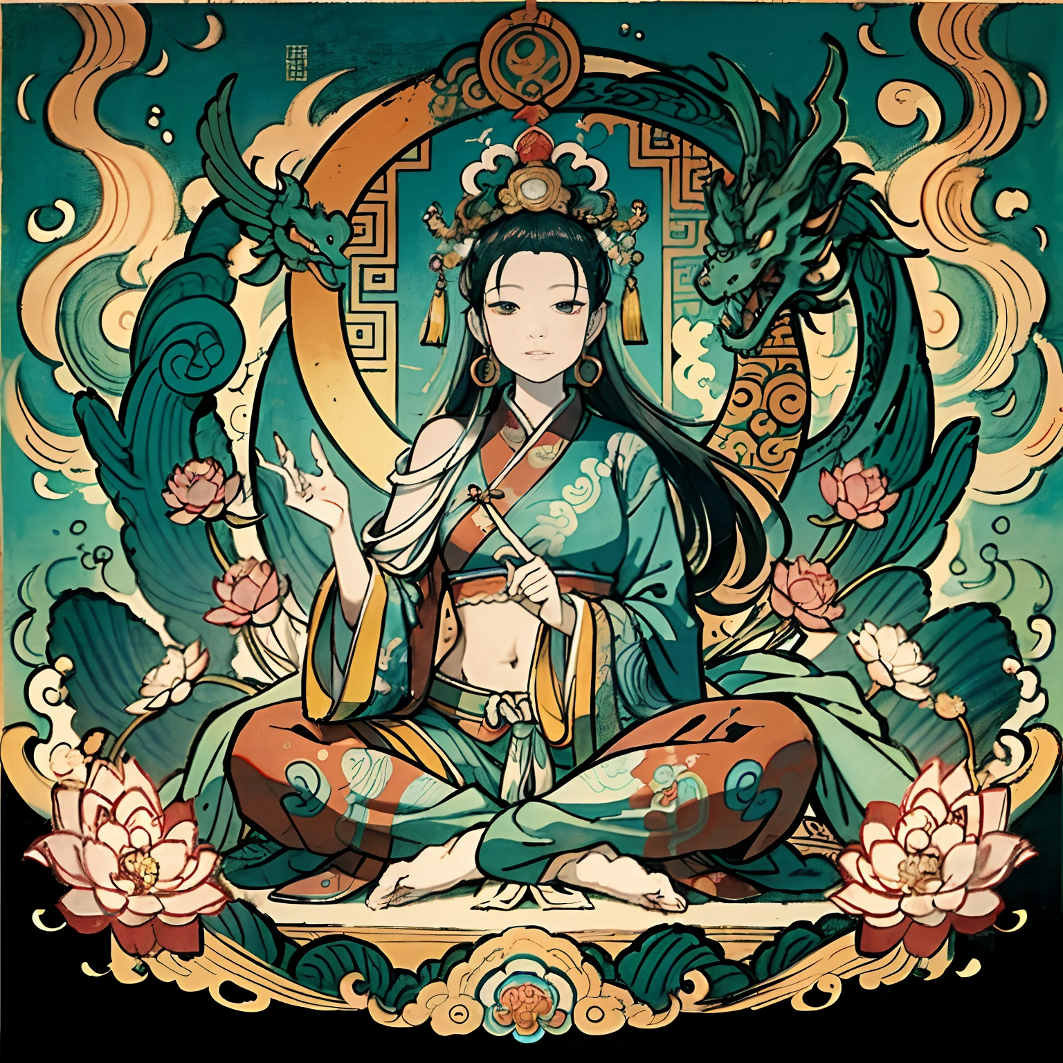 an ancient Chinese goddess, guanyin of the southern seas, Guanyin, Inspired by India, Avalokiteshvara rides a dragon,,Serene expression,shui mo hua,Buddha,Buddhist,Lotus,Chinese painting style,Thangka style