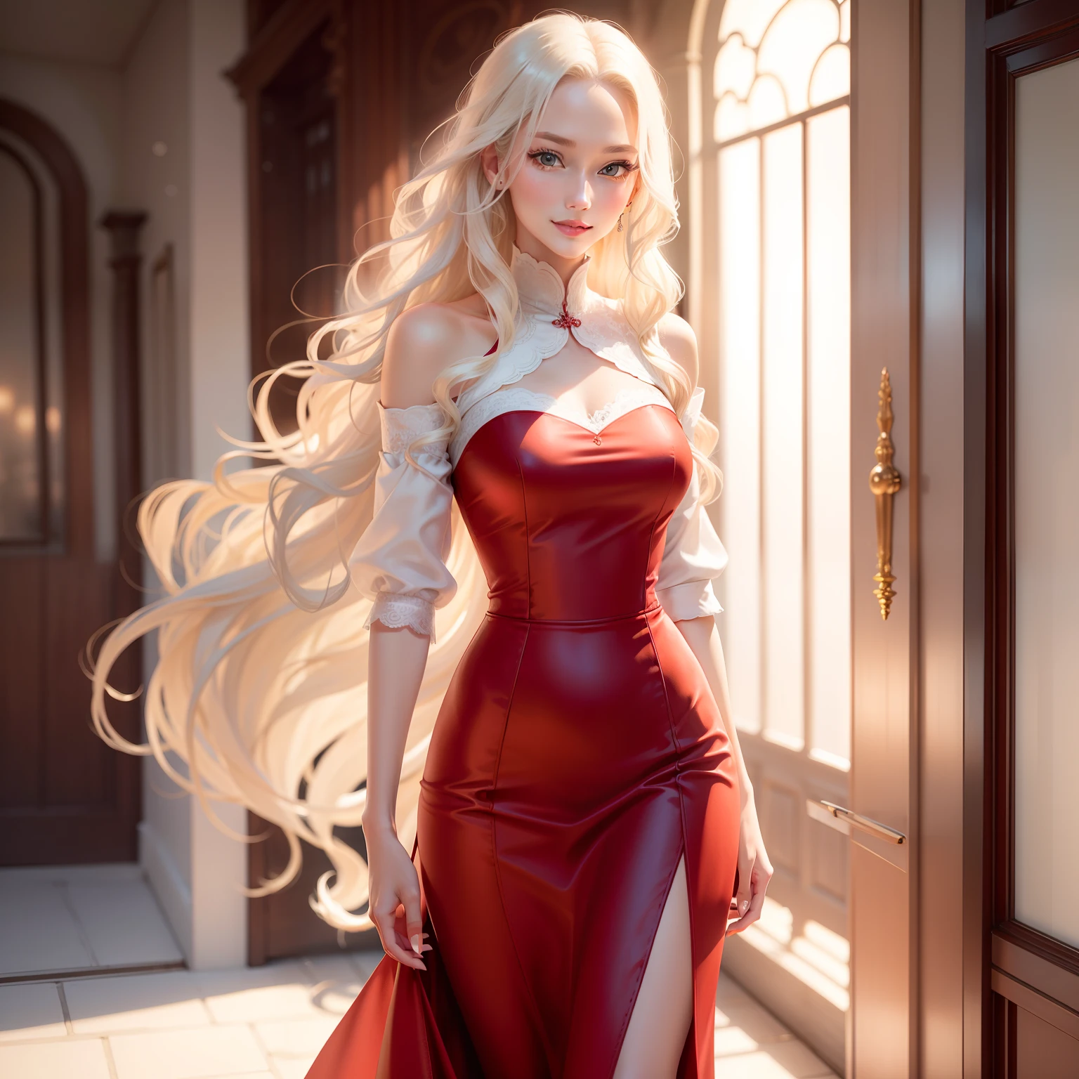 A beautiful woman with wavy white blonde hair,Tall and tall,Attractive long legs,The skin is as fair as snow。She wore a long red dress,The skirt flutters gently,Make her look more elegant and charming。The woman looked ahead affectionately,A smile emerged,As if expecting something。