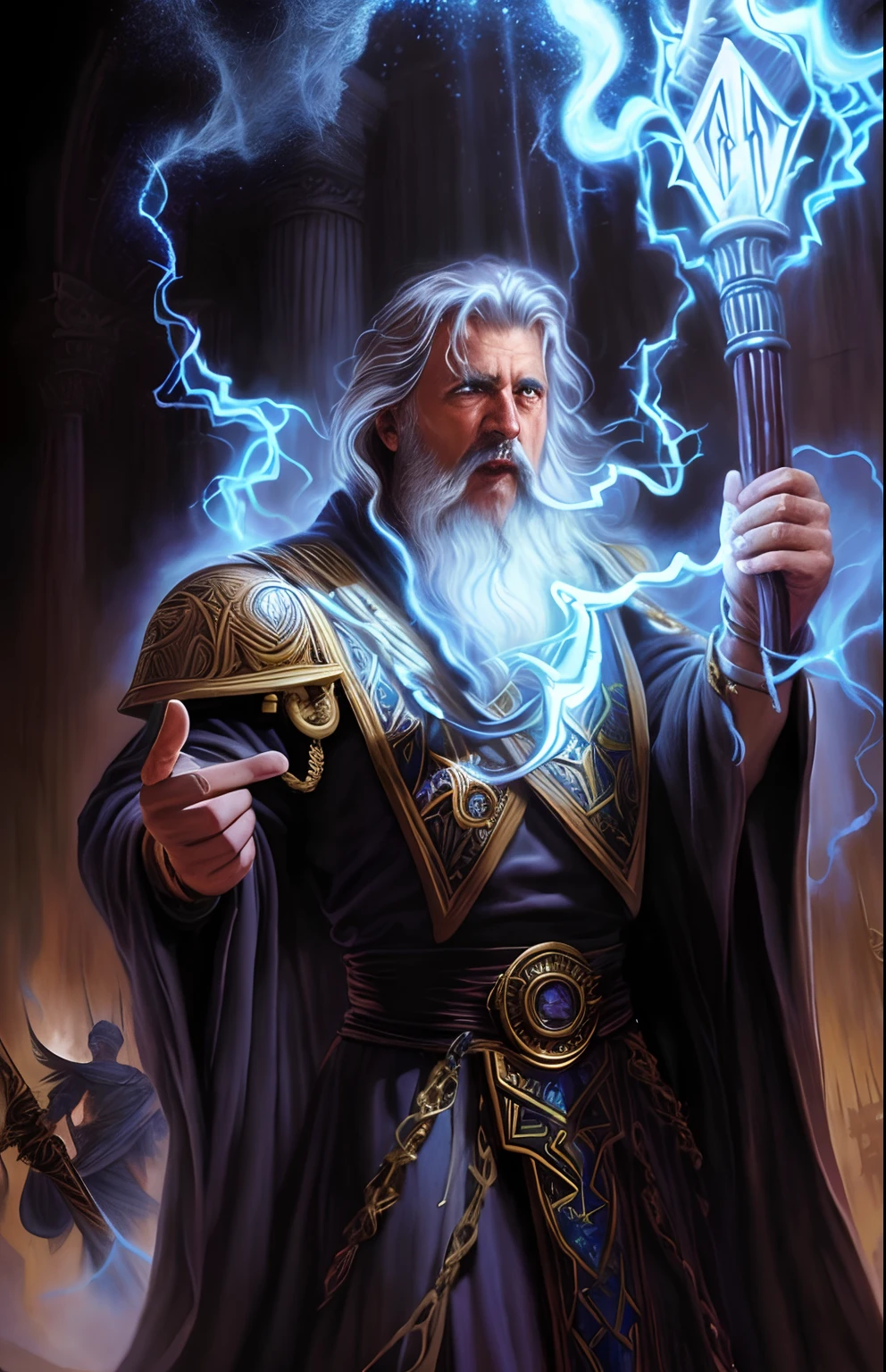 a painting of a wizard holding a staff and a lightning bolt, Velho Archmage masculino, an arcane wizard casting a spell, Arquimago, he is casting a lighting spell, epic scene of zeus, Furioso Deus Zeus, jeff easley dramatic light, Directed by: Pablo Munoz Gomez, an epic majestical degen trader, ancient mystic time lord, Directed by: Jeff Easley