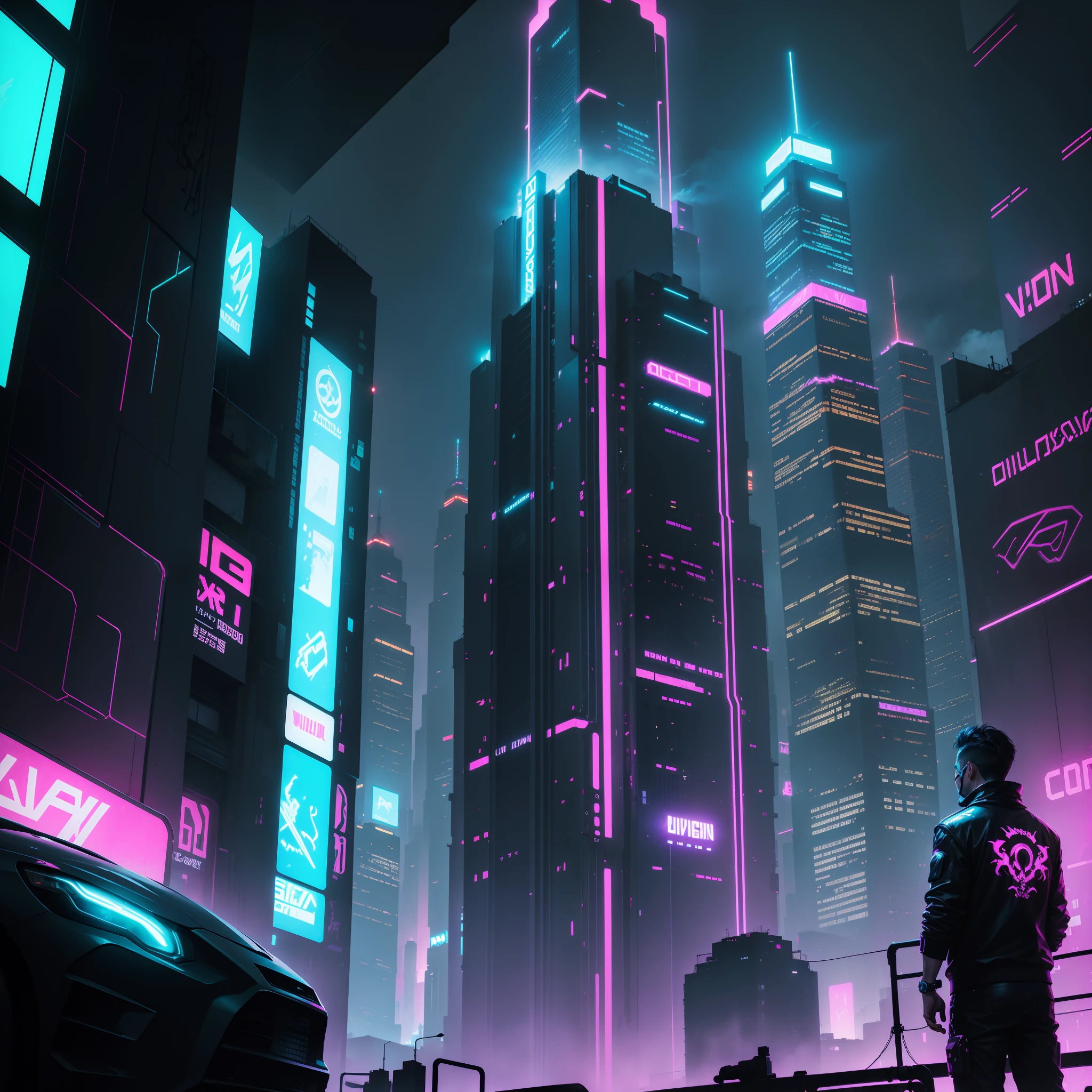 "Neon abyss, glowing and vibrant, a futuristic cityscape, filled with shimmering lights, towering skyscrapers, and bustling streets, an otherworldly atmosphere, neon signs illuminating the dark, a mysterious figure in the shadows, graffiti-covered walls, reflective surfaces, a sense of mystery and intrigue."