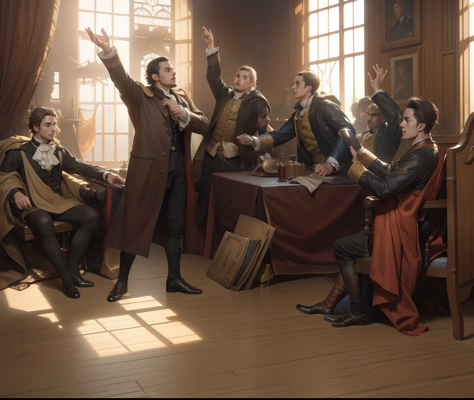 Young men are making noise、masutepiece, Highly detailed, Super realistic, 4K, 8K, Detailed background, Detailed face, Bright lighting, Daylight, Victorian style,
Art by James_Jean_Andrei_Rya Bobychev_marc_Simonetti,