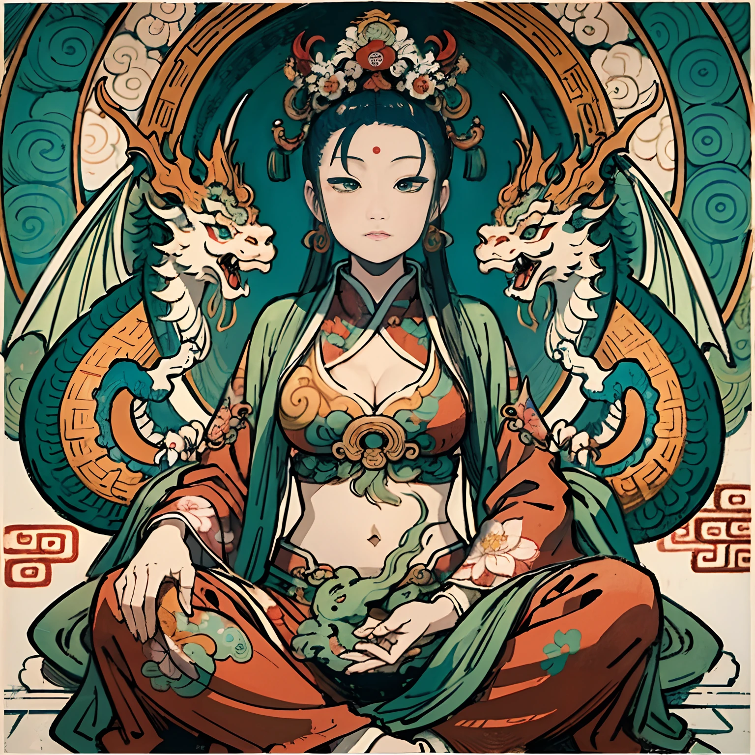 an ancient Chinese goddess, guanyin of the southern seas, Guanyin, Inspired by India, Avalokiteshvara rides a dragon，,Serene expression,shui mo hua,Buddha,Buddhist,Lotus,Chinese painting style,Thangka style