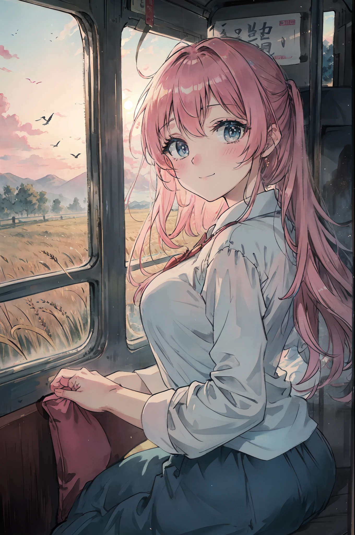 ((the main subject is a bus)) A bus journeys west, windshield painted pink,
Metal flickering, reflecting in a wink,
Touches the dented flank of blue,
Enamel worn, yet bearing a hue.
Through rolling landscapes, it swiftly glides,
Colors dancing as the day subsides,
Alongside fields of golden wheat,
A harmonious scene, truly sweet.
The road unfolds, whispers in the breeze,
As passengers dream and memories seize,
Pink and blue, a symphony in flight,
An ever-changing canvas, pure delight.
Brushing the bus with a tender grace,
The sunset's embrace sets the pace,
A journey etched in colors surreal,
A reminder that beauty can truly heal.
In this poetic ride, as the day's end gleams,
The bus journeys west, guided by dreams.
Together we travel, united at heart,
Embracing the art, a masterpiece in this part.