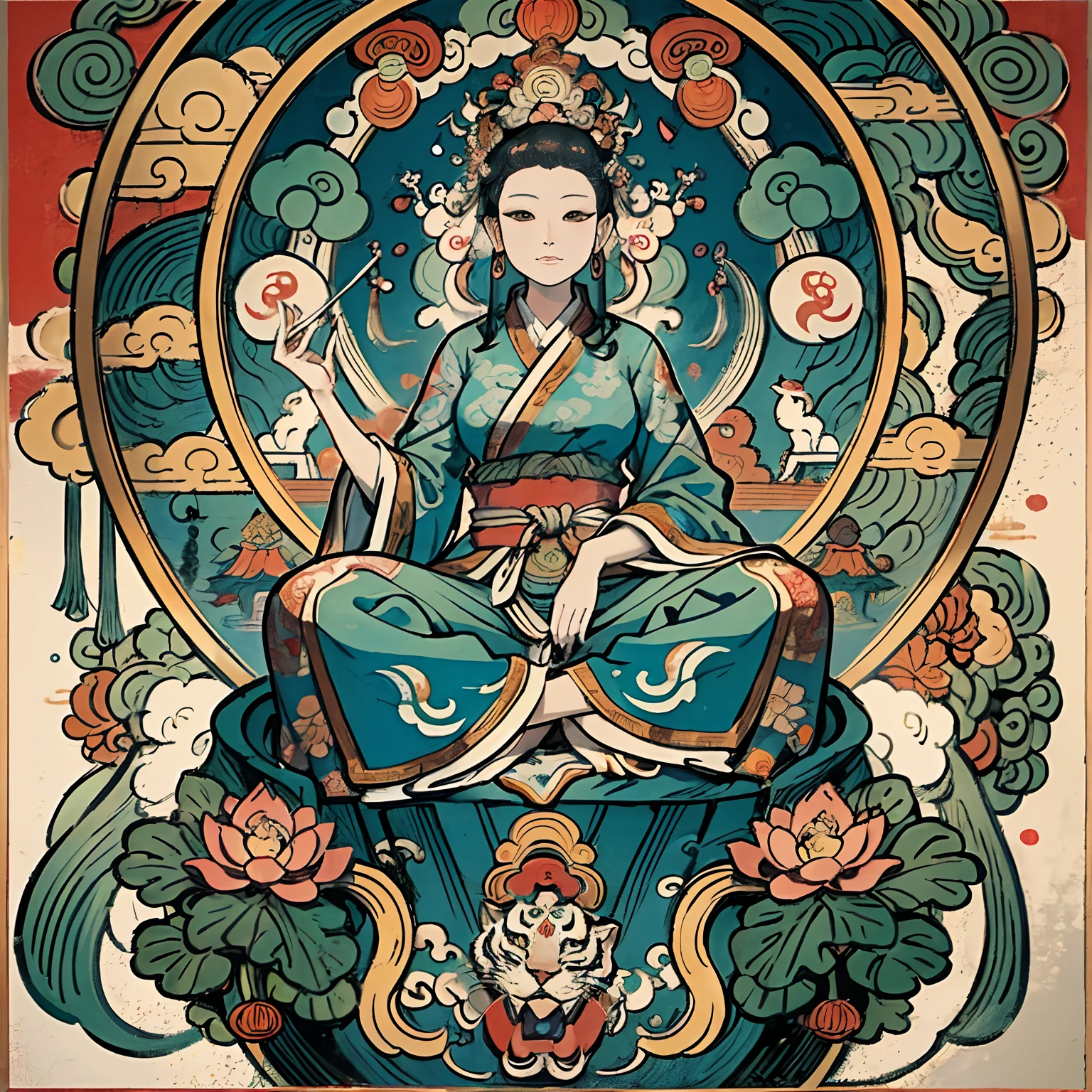 an ancient Chinese goddess, guanyin of the southern seas, Guanyin, Inspired by India, Avalokiteshvara rides a tiger,,Serene expression,shui mo hua,Buddha,Buddhist,Lotus,Chinese painting style,Thangka style