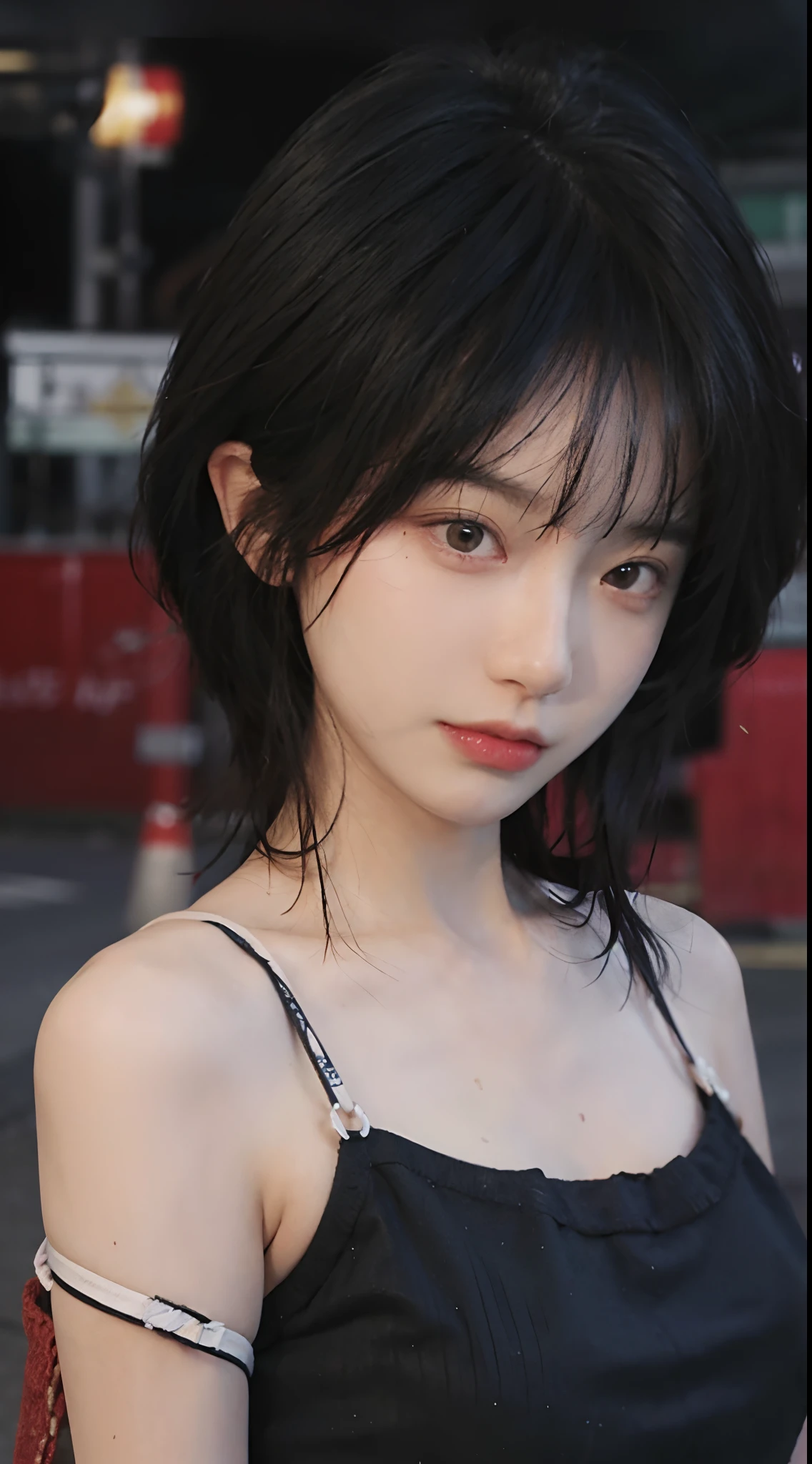 best qualtiy, 超高分辨率, (realisticlying:1.4),2 girls ,Focus:1.2, perfect figure beautiful woman:1.4 , pelo rojo corto,(Streets at night:1.3), Highly detailed facial and skin texture, head straight-looking at viewer,A detailed eye, 二重まぶた,Red lips,eye shadows,Whiten skin,(Air bangs:1.3),,(Thin strap top:1.4)