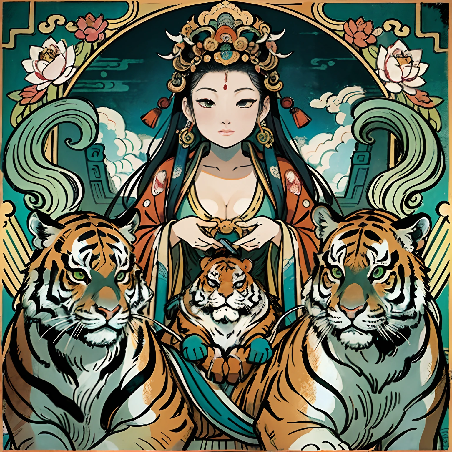 an ancient Chinese goddess, guanyin of the southern seas, Guanyin, Inspired by India, Avalokiteshvara rides a tiger，,Serene expression,shui mo hua,Buddha,Buddhist,Lotus,Chinese painting style,Thangka style