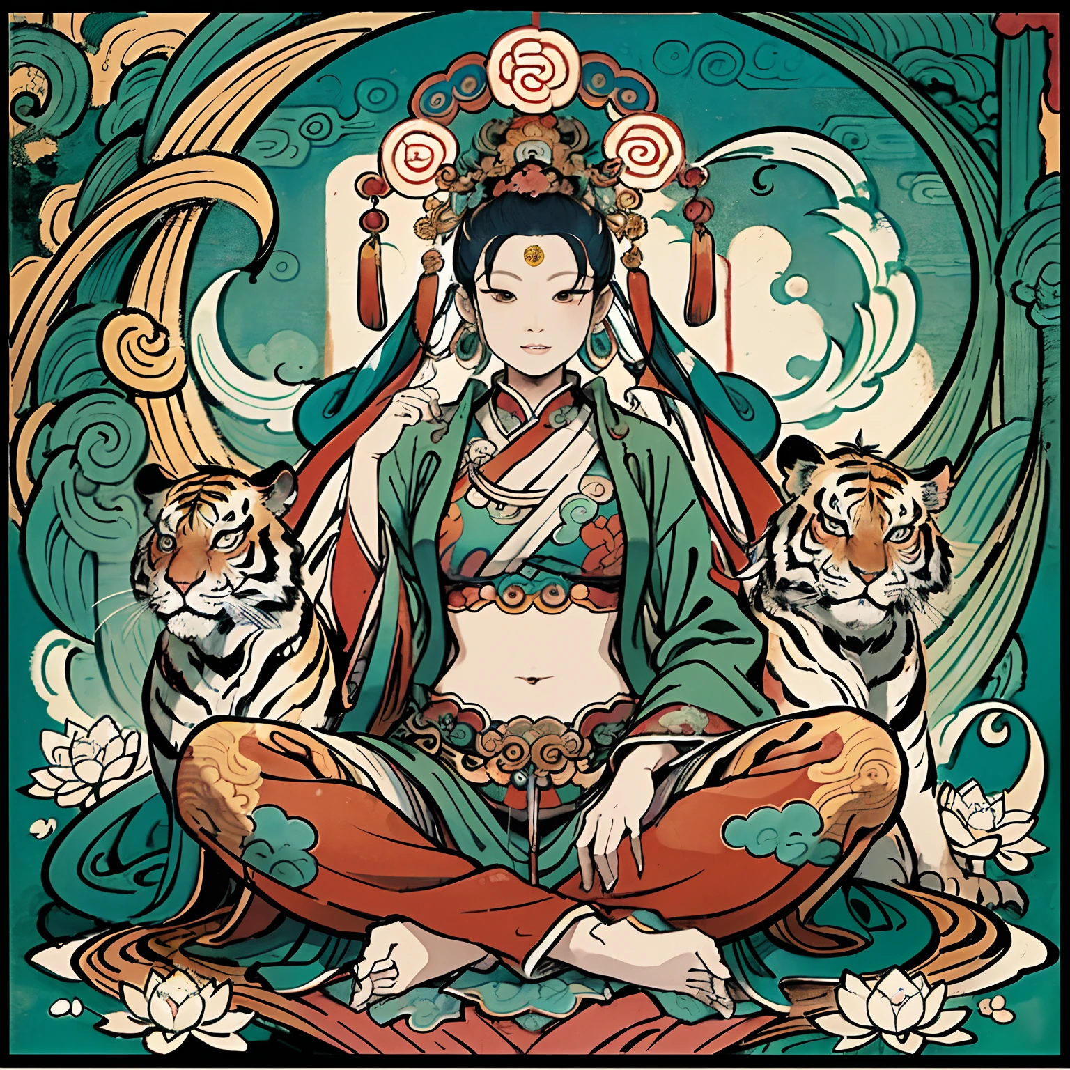 an ancient Chinese goddess, guanyin of the southern seas, Guanyin, Inspired by India, Avalokiteshvara rides a tiger，,Serene expression,shui mo hua,Buddha,Buddhist,Lotus,Chinese painting style,Thangka style
