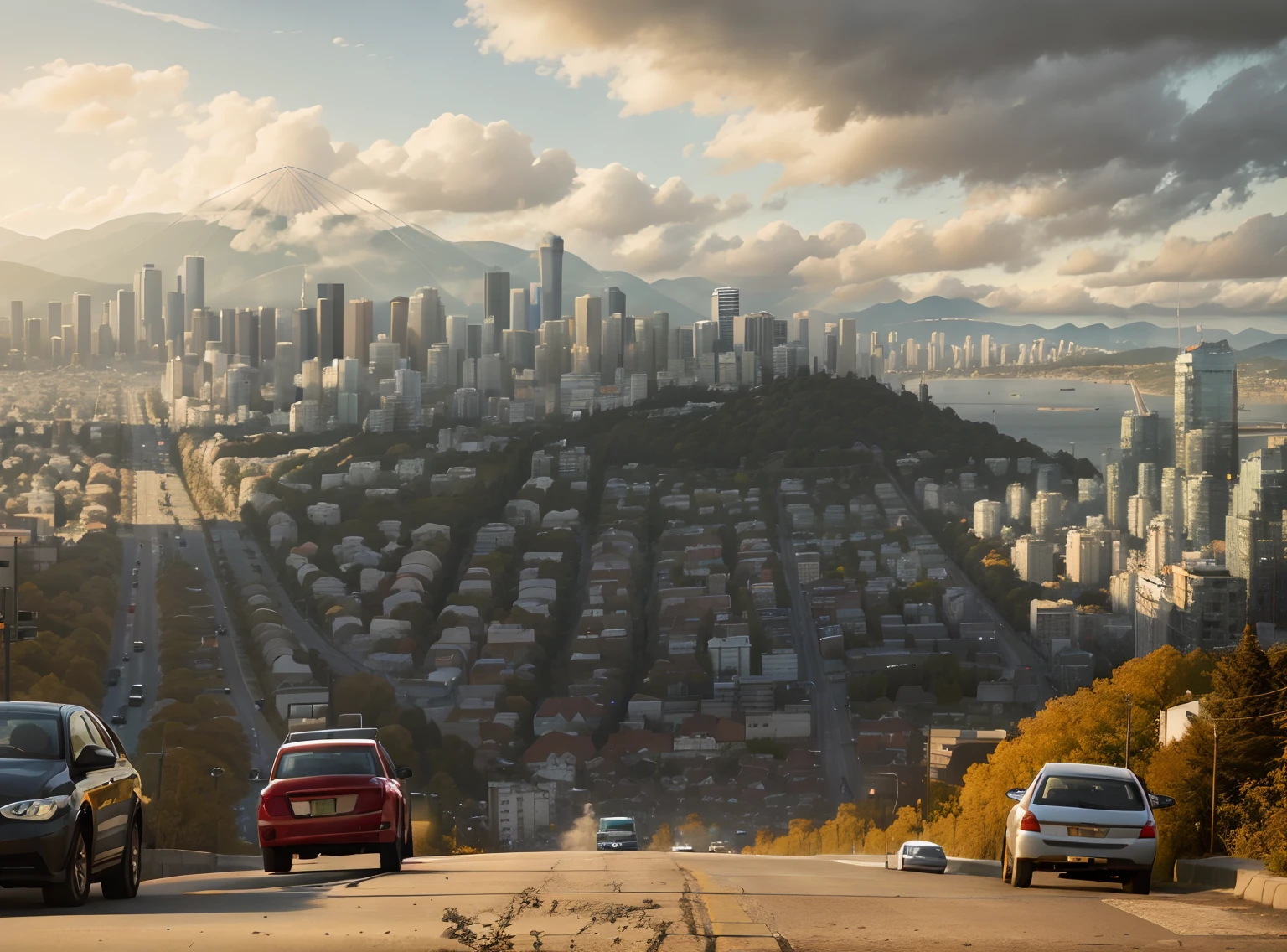 cars driving down a hill with a city in the background, by Douglas Shuler, by Dan Scott, vancouver, by Matt Stewart, from the distance, downtown in the distance, urban view in the distance, far view, by Kathleen Scott, by Brigette Barrager, 4 0 9 6, by Jim Nelson, by Chris Rallis, by Bernie D’Andrea