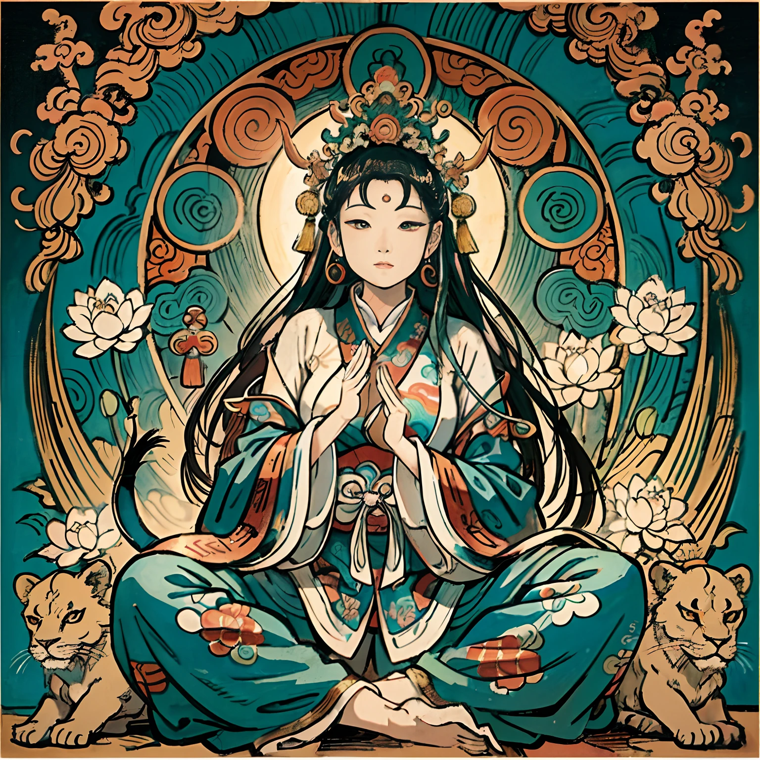 an ancient Chinese goddess, guanyin of the southern seas, Guanyin, Inspired by India, Avalokiteshvara rides a lion,,Serene expression,shui mo hua,Buddha,Buddhist,Lotus,Chinese painting style,Thangka style