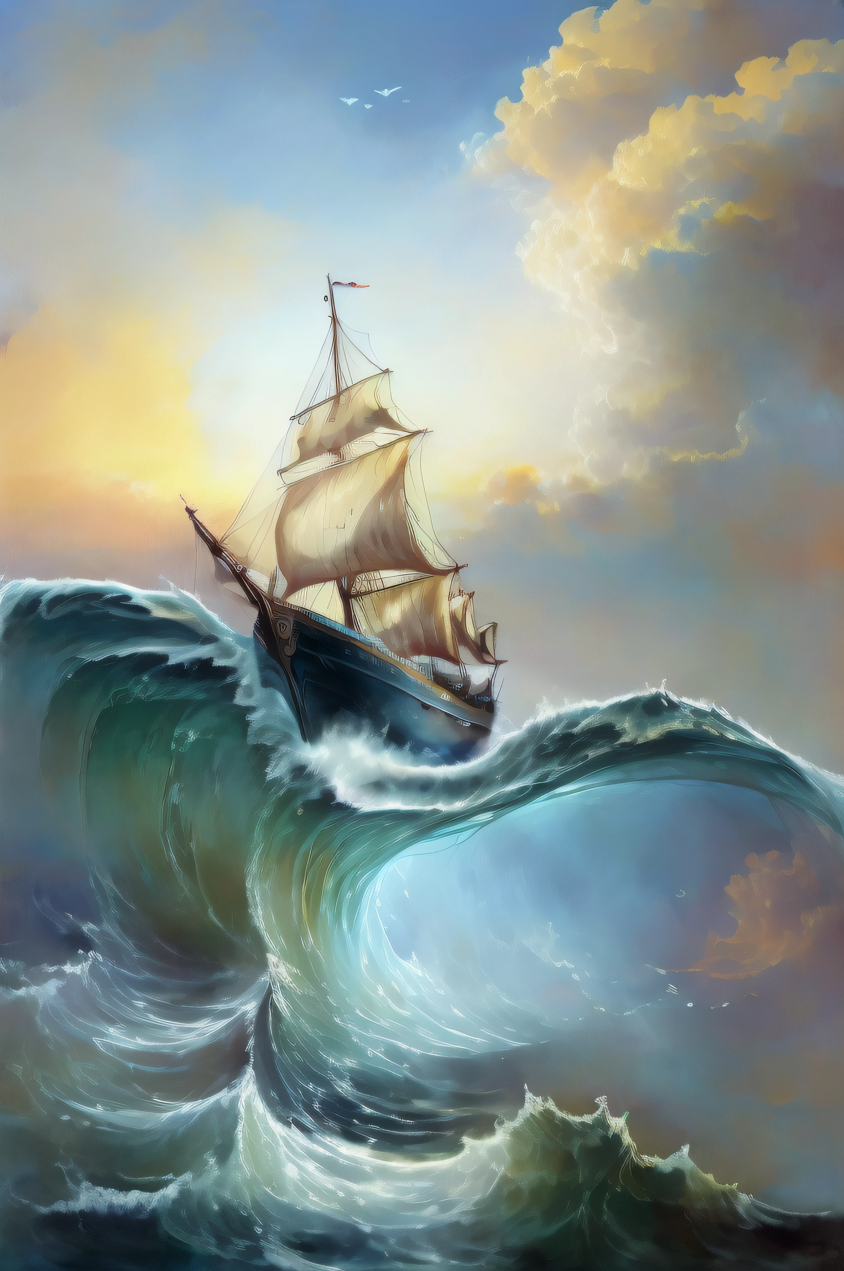 Painting of a large sailboat flying through the clouds over the raging ocean and with huge waves with a waving flag inspired by Turner