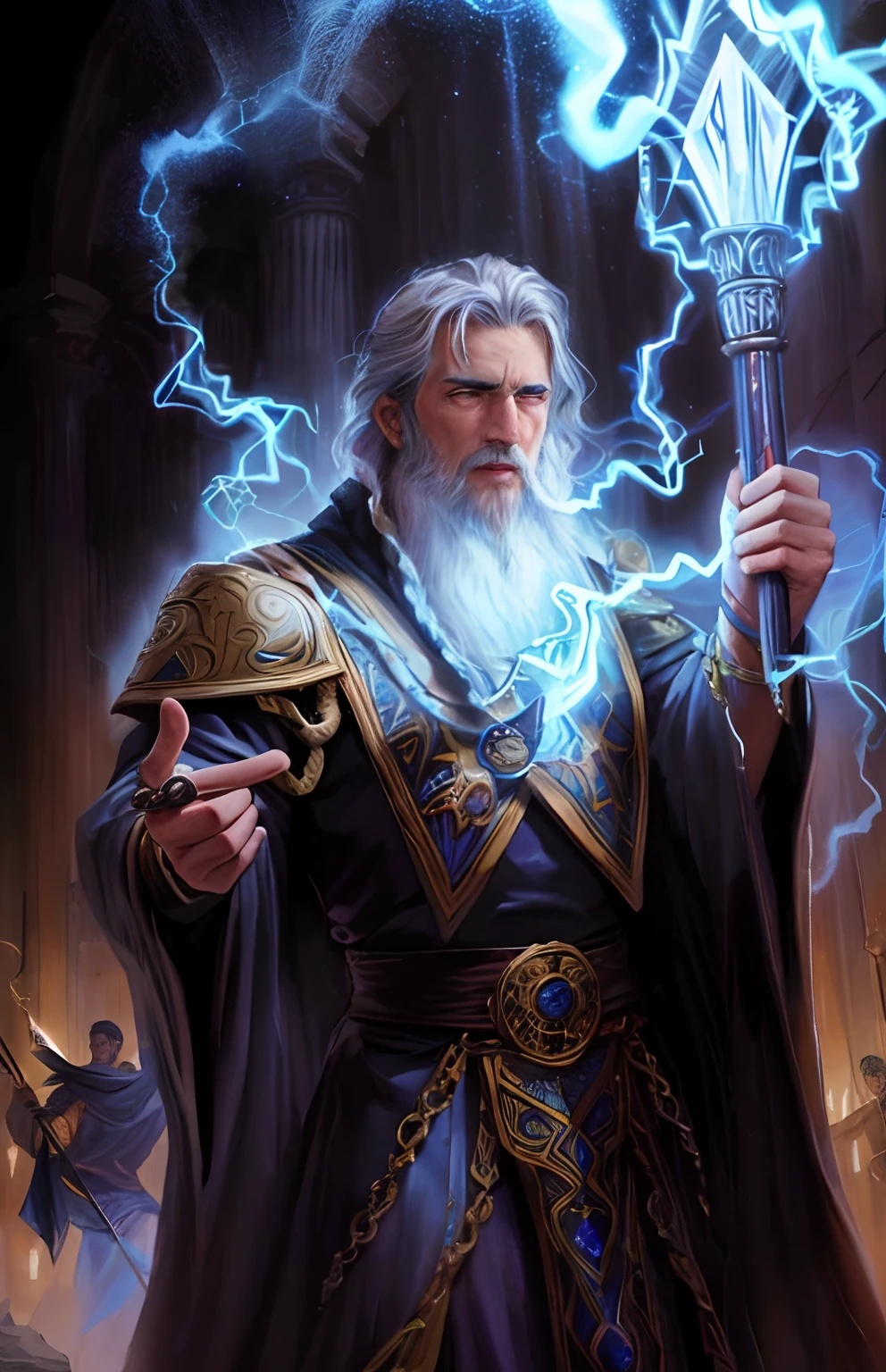 a painting of a wizard holding a staff and a lightning bolt, Velho Archmage masculino, an arcane wizard casting a spell, Arquimago, he is casting a lighting spell, epic scene of zeus, Furioso Deus Zeus, John Easley Dramatic Light, Directed by: Pablo Munoz Gomez, an epic majestical degen trader, ancient mystic time lord, Directed by: John Easley