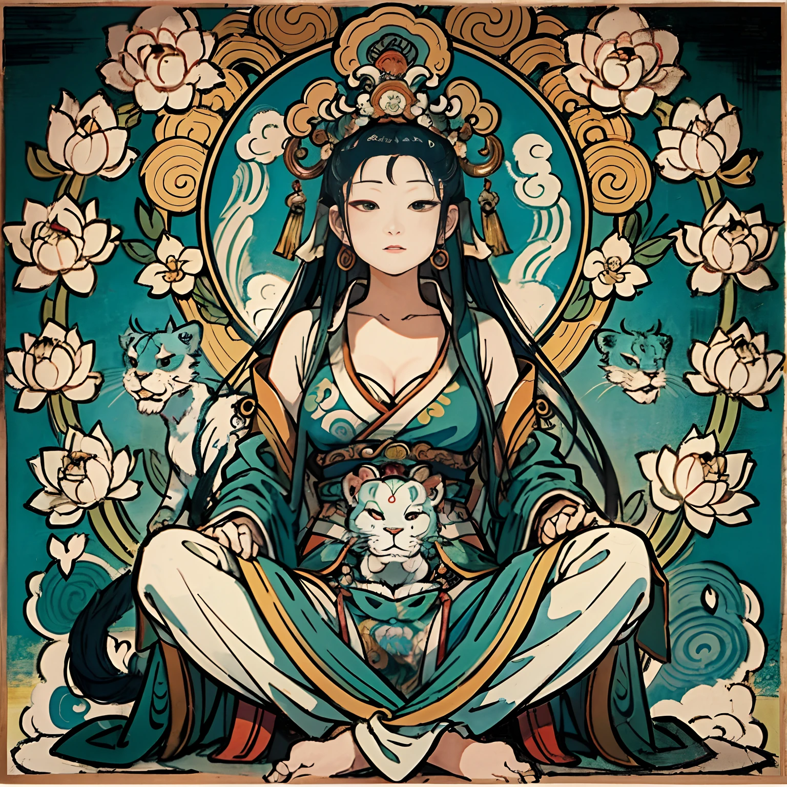 an ancient Chinese goddess, guanyin of the southern seas, Guanyin, Inspired by India, Avalokiteshvara rides a lion,,Serene expression,shui mo hua,Buddha,Buddhist,Lotus,Chinese painting style,Thangka style