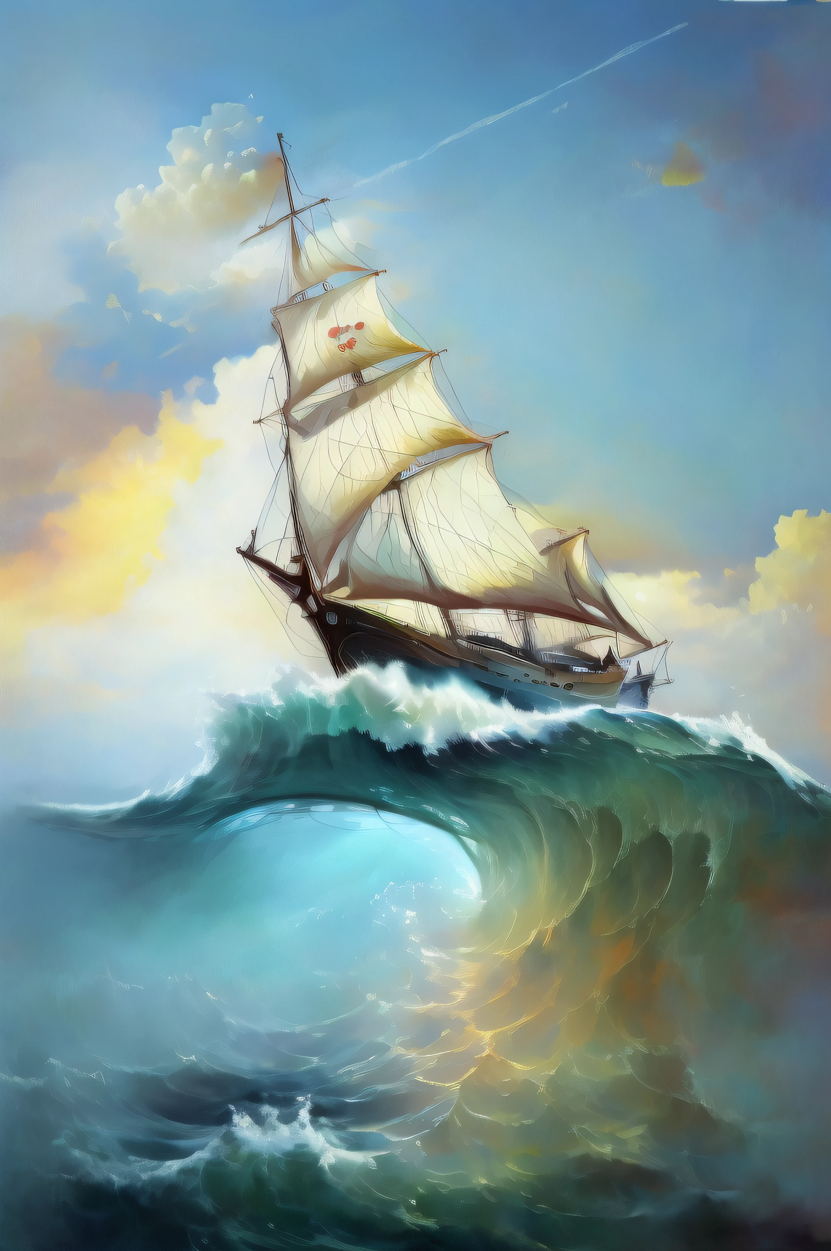 Painting of a large sailboat flying through the clouds over the raging ocean and with huge waves with a waving flag inspired by Turner
