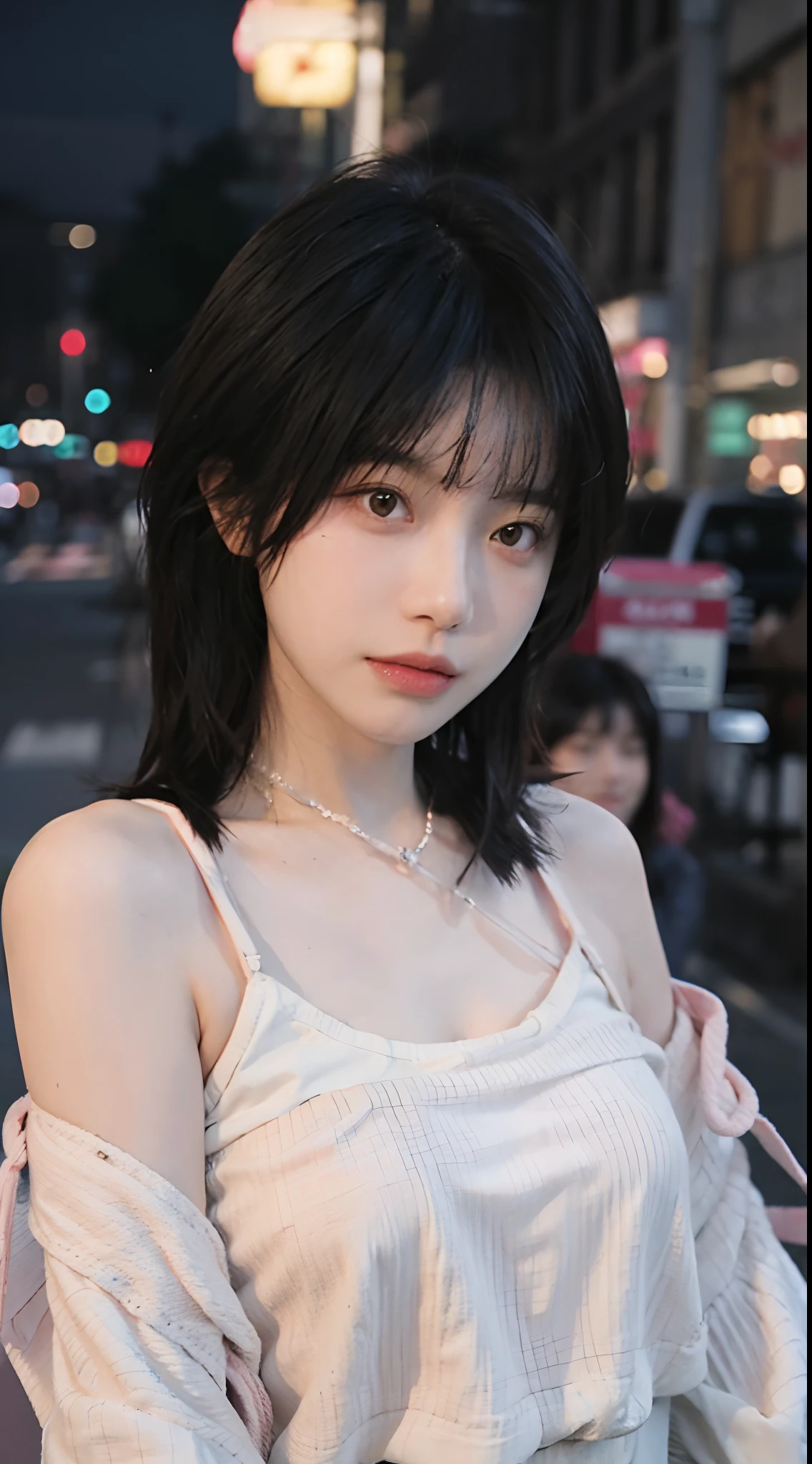 best qualtiy, 超高分辨率, (realisticlying:1.4),2 girls ,Focus:1.2, perfect figure beautiful woman:1.4 , pelo rojo corto,(Streets at night:1.3), Highly detailed facial and skin texture, head straight-looking at viewer,A detailed eye, 二重まぶた,Red lips,eye shadows,Whiten skin,(Air bangs:1.3),,(Pink thin strap top:1.4)