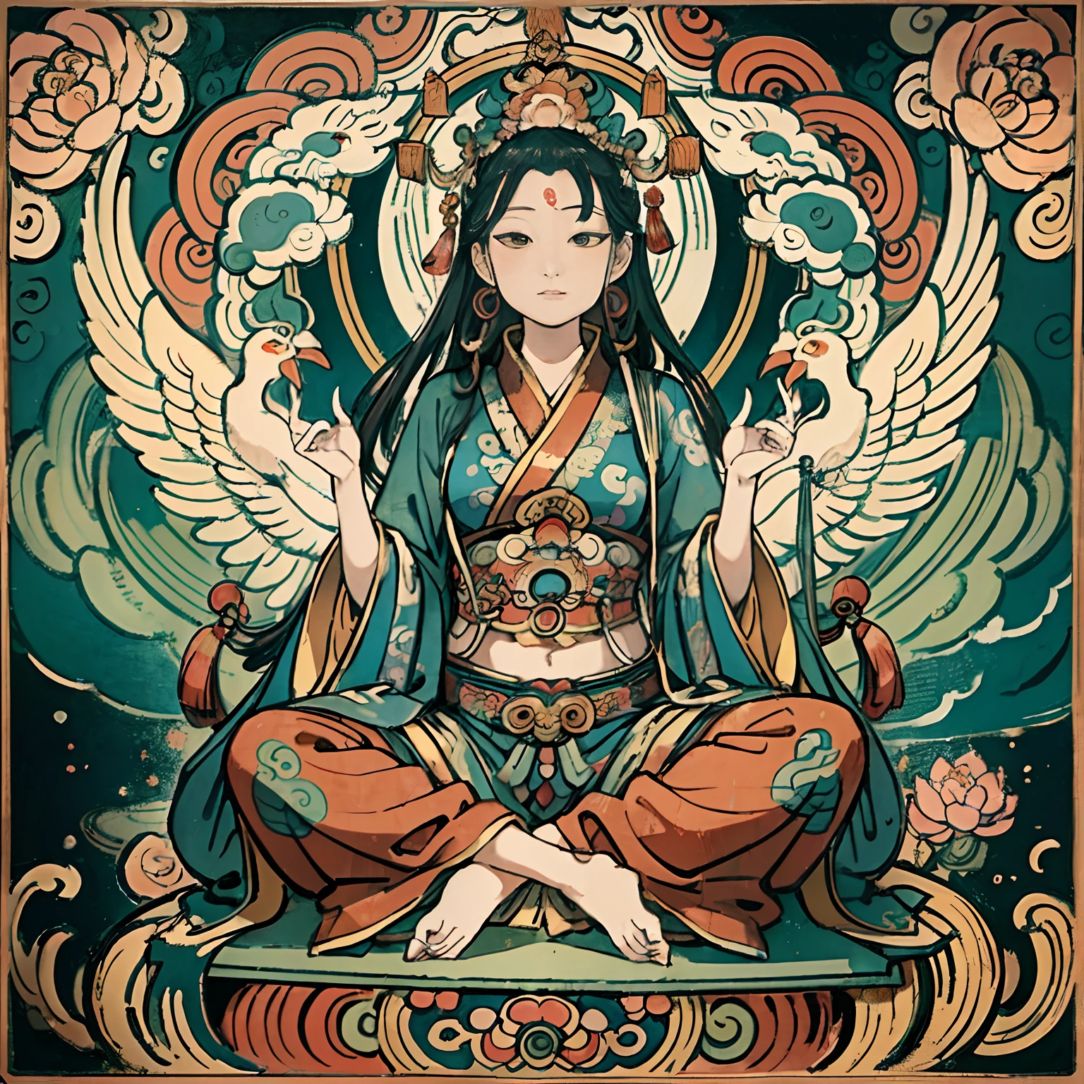 an ancient Chinese goddess, guanyin of the southern seas, Guanyin, Inspired by India, Avalokiteshvara rides a phoenix,,Serene expression,shui mo hua,Buddha,Buddhist,Lotus,Chinese painting style,Thangka style