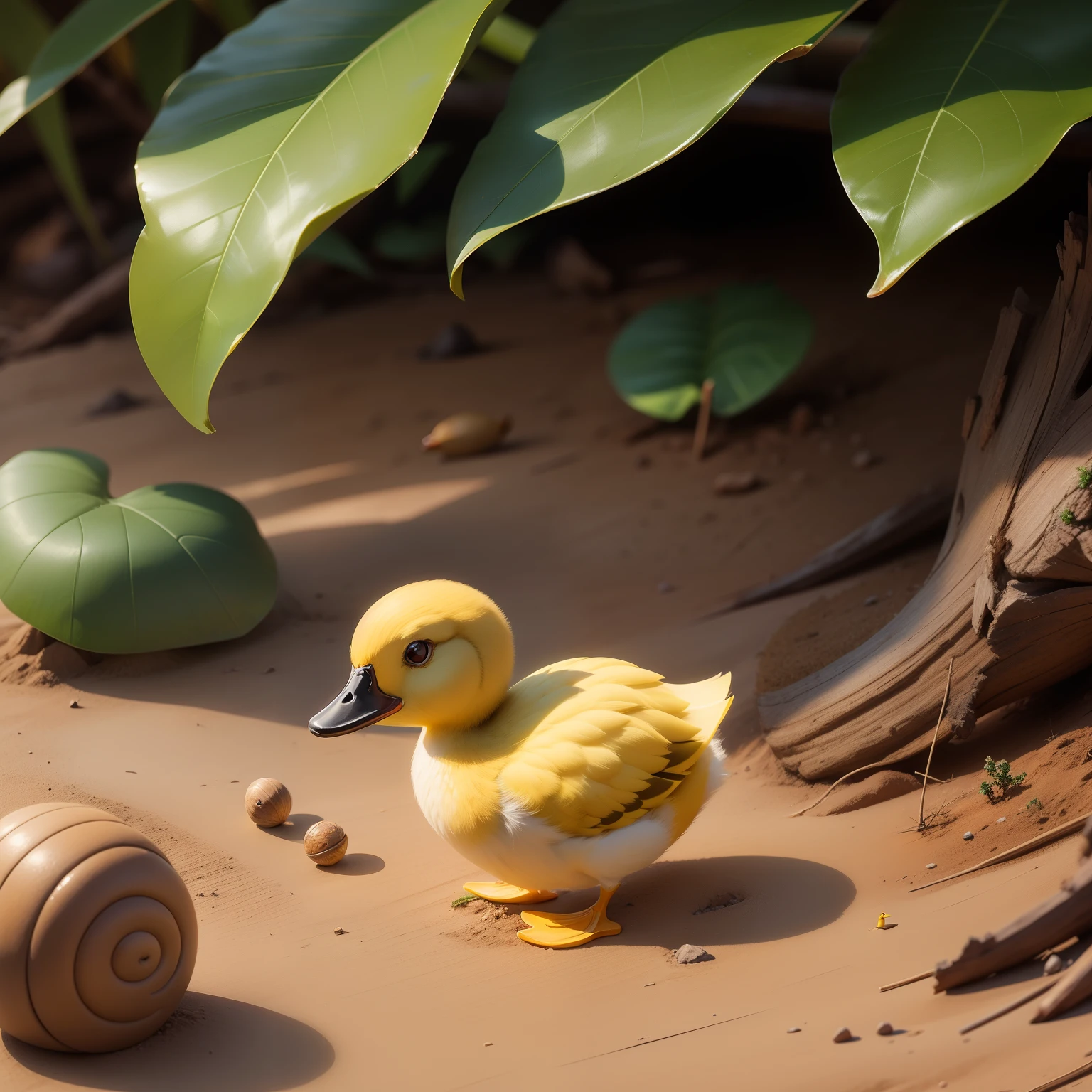 There is a small yellow duck, num quintal de terra, com um caracol ao seu lado, stylimmatophora