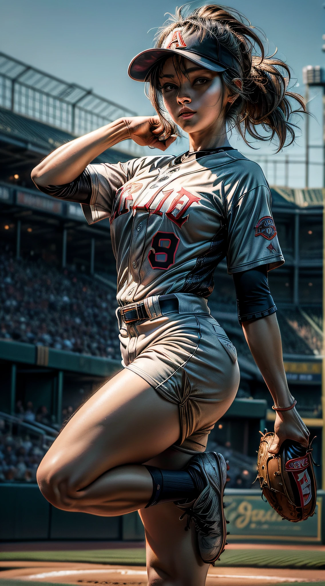 ((masterpiece)), ((best quality)), (ultra detailed), ((extremely detailed)), 4K, (8K), best quality,((Split standing)),araffe 1 woman in one baseball uniform throwing a baseball, beautiful, standing on one leg, micro shorts, looking at viewer holding a baseball, leg extremely raised and concentrated for a pitch,