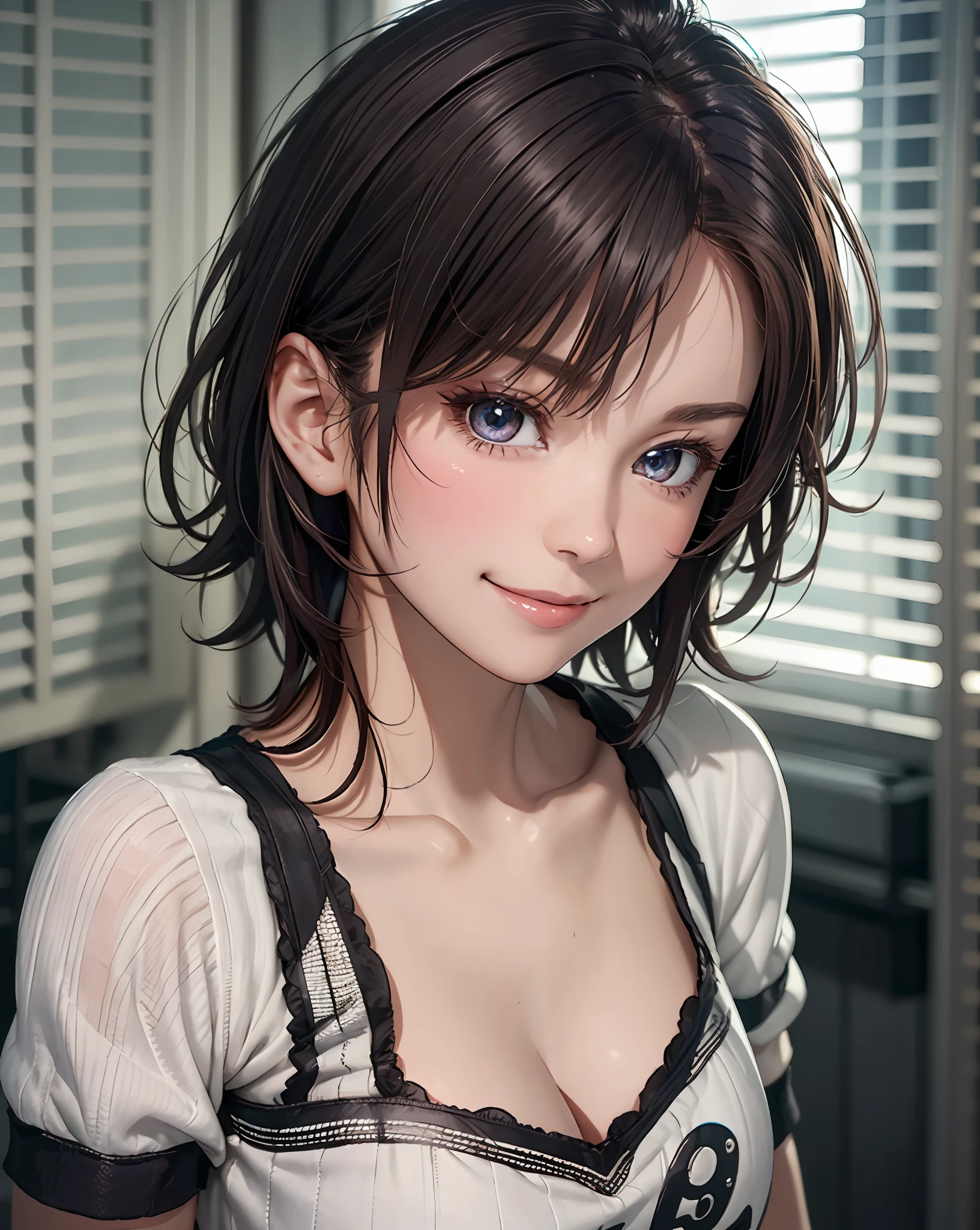 Best Quality, Ultra High Resolution, (Photorealistic: 1.4), Beautiful Eyes, Super Beautiful, Very Short Hair, Beautiful, Sweetheart, T-shirt with Rough Chest, Beautiful Soldier, Eyes That Invite Viewer, Lover's Perspective, Inviting Expression, Sexy Smile, Perfect Style, Perfect Balance, Detailed Skin, Naughty Gaze, Chest Visible